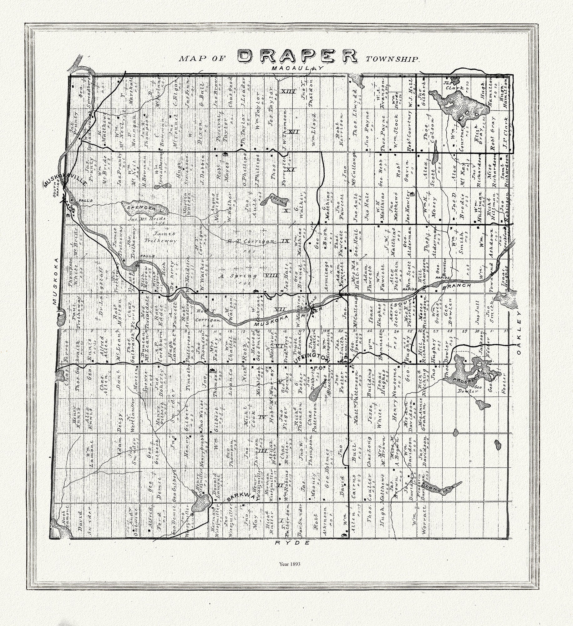 Muskoka - Haliburton, Draper Township, 1893, map on heavy cotton canvas, 20 x 25" approx. - The Map Chest