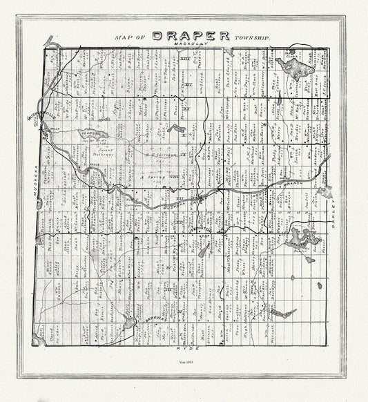 Muskoka - Haliburton, Draper Township, 1893, map on heavy cotton canvas, 20 x 25" approx. - The Map Chest