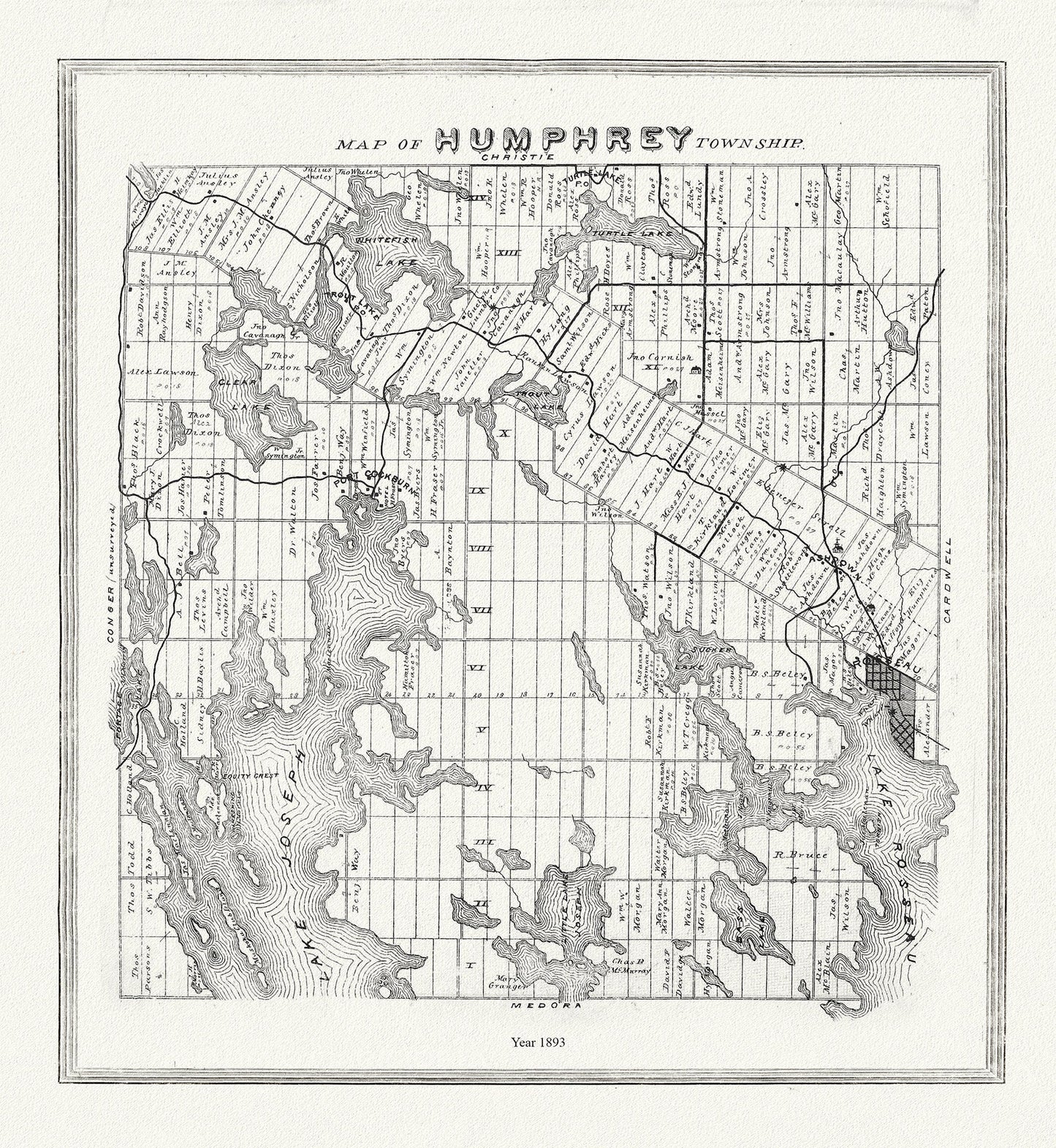 Muskoka - Haliburton, Humphrey Township, 1893 , map on heavy cotton canvas, 20 x 25" approx. - The Map Chest
