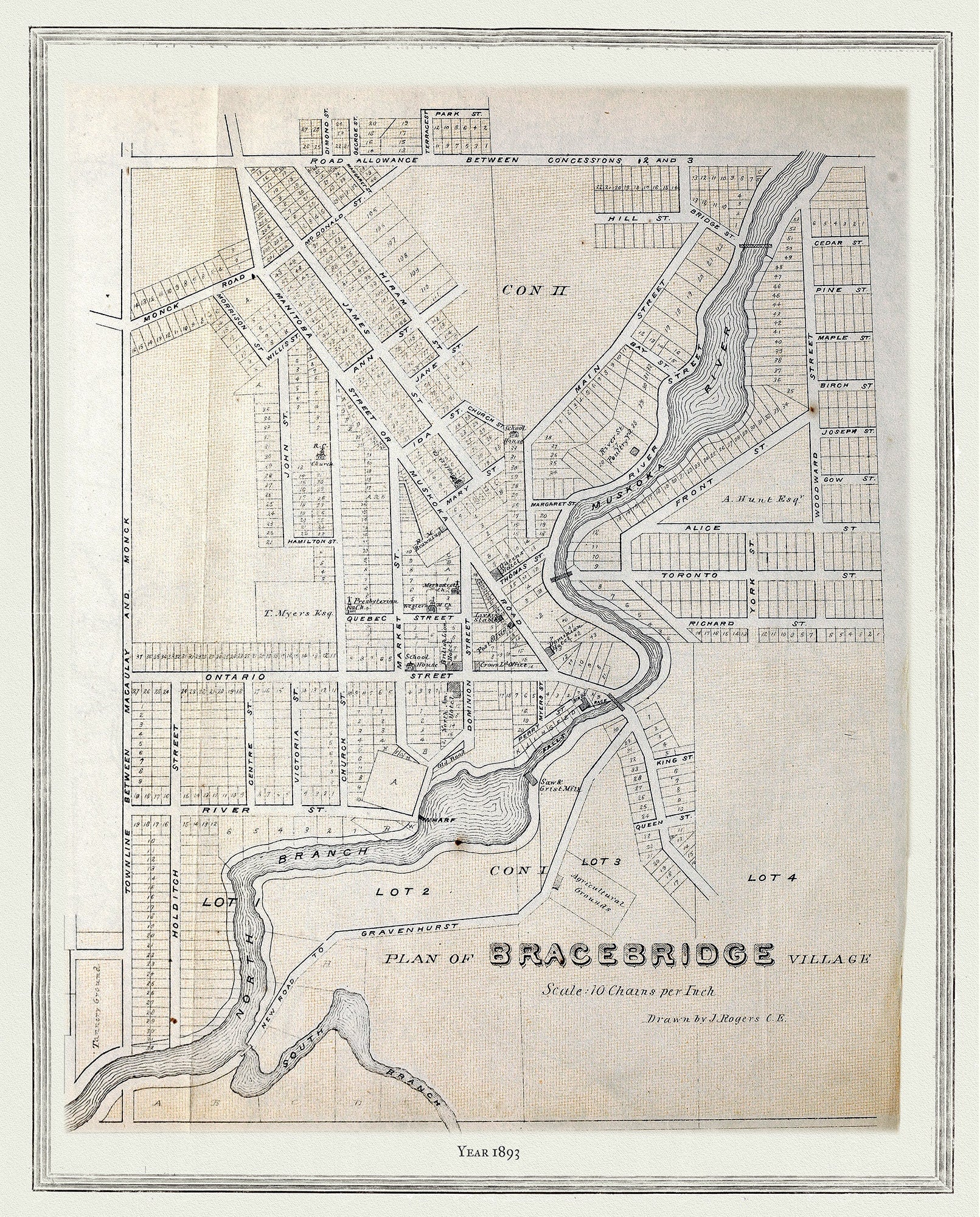 Muskoka - Haliburton, Plan of Bracebridge Village, 1893 , map on heavy cotton canvas, 20 x 25" approx. - The Map Chest