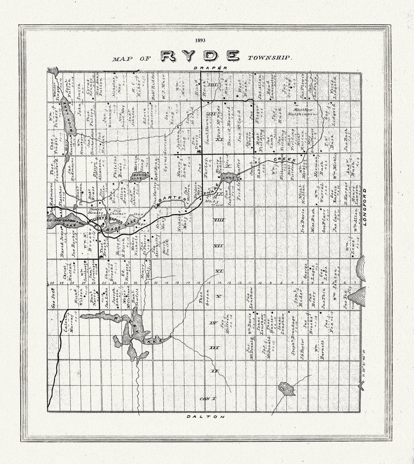Muskoka - Haliburton, Ryde Township, 1893, map on heavy cotton canvas, 20 x 25" approx. - The Map Chest