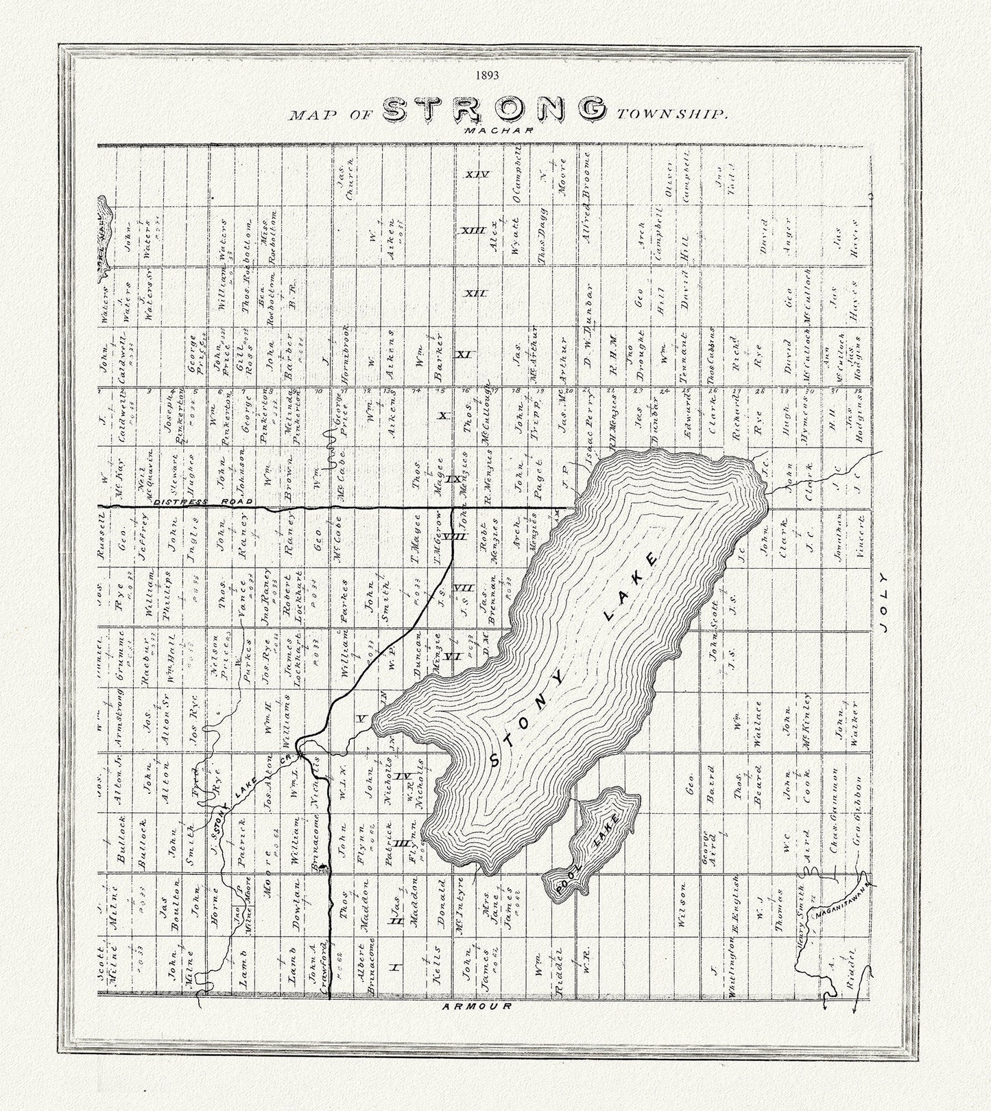 Muskoka - Haliburton, Strong Township, 1893, map on heavy cotton canvas, 20 x 25" approx. - The Map Chest