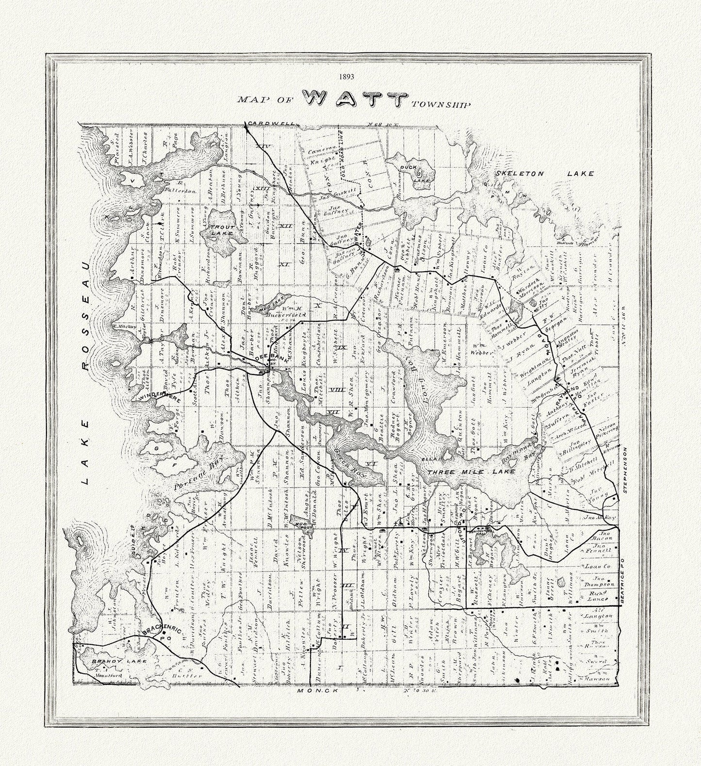 Muskoka - Haliburton, Watt Township, 1893 , map on heavy cotton canvas, 20 x 25" approx. - The Map Chest