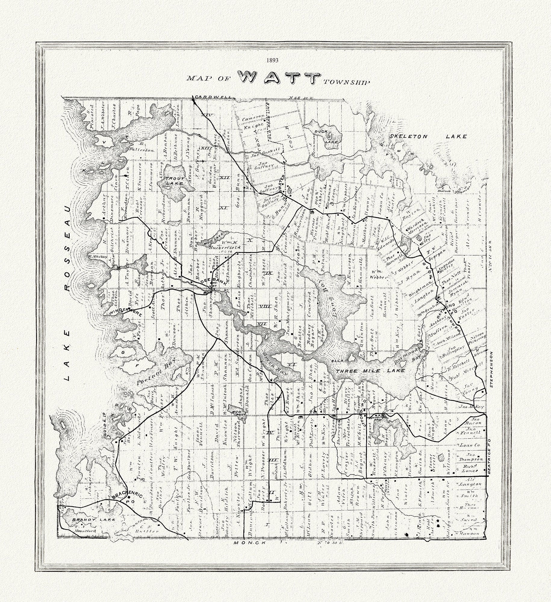 Muskoka - Haliburton, Watt Township, 1893 , map on heavy cotton canvas, 20 x 25" approx. - The Map Chest