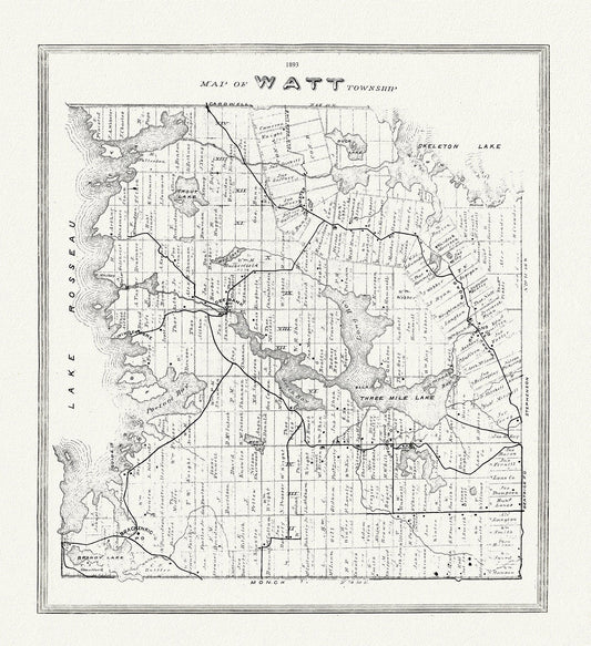 Muskoka - Haliburton, Watt Township, 1893 , map on heavy cotton canvas, 20 x 25" approx. - The Map Chest