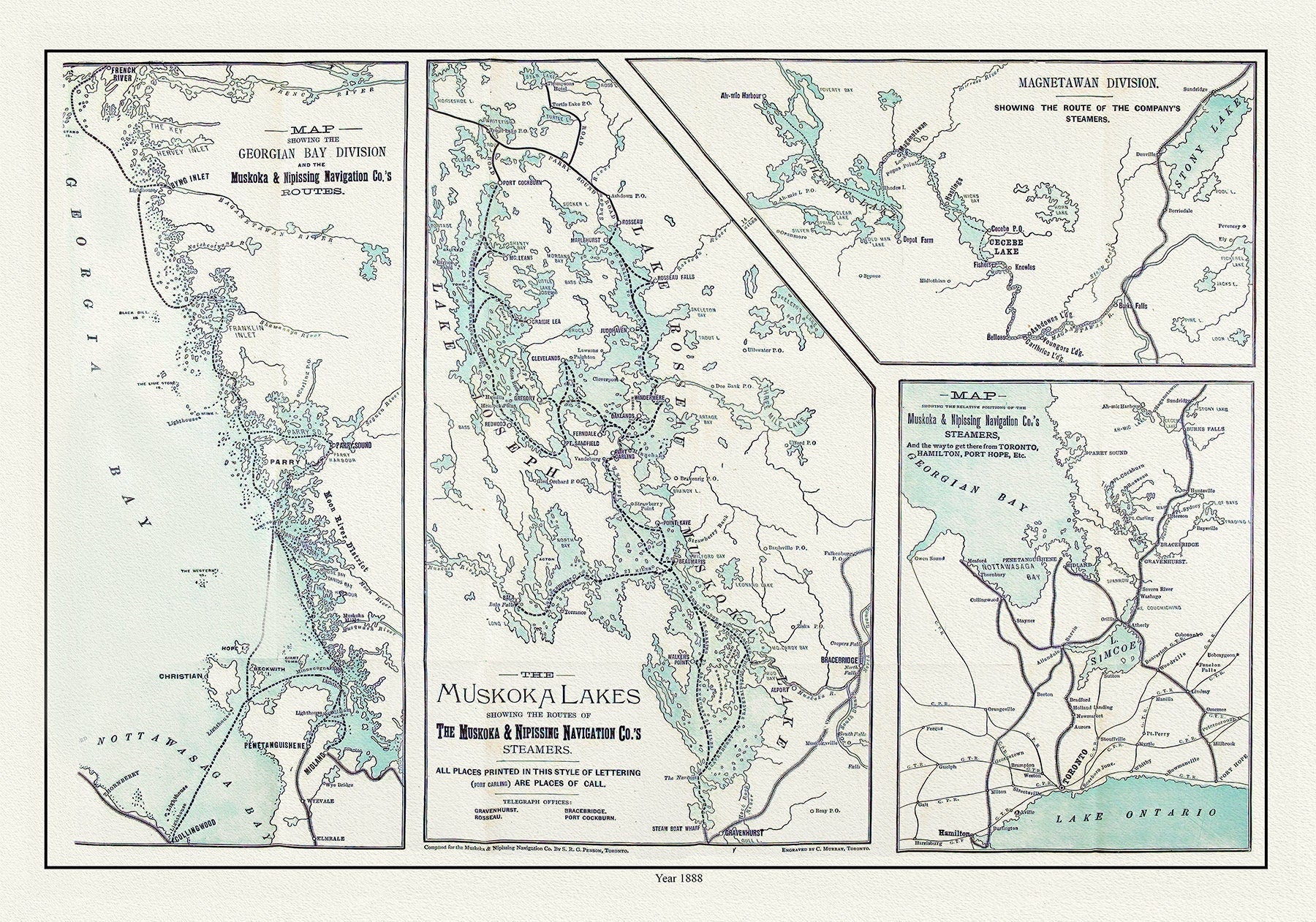 Muskoka Lakes, Guide to Steamer Routes, 1888 , map on durable cotton canvas, 50 x 70 cm, 20 x 25" approx. - The Map Chest