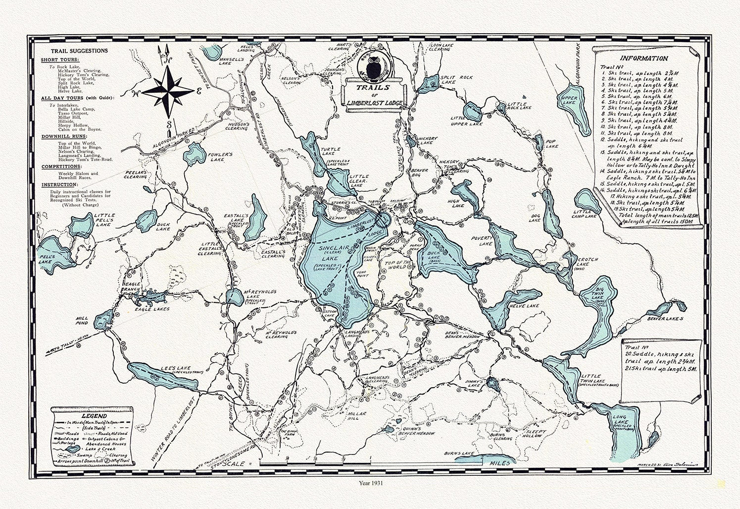 Muskoka, Trails of Limberlost Lodge,1931 , map on heavy cotton canvas, 45 x 65 cm, 18 x 24" approx. - The Map Chest