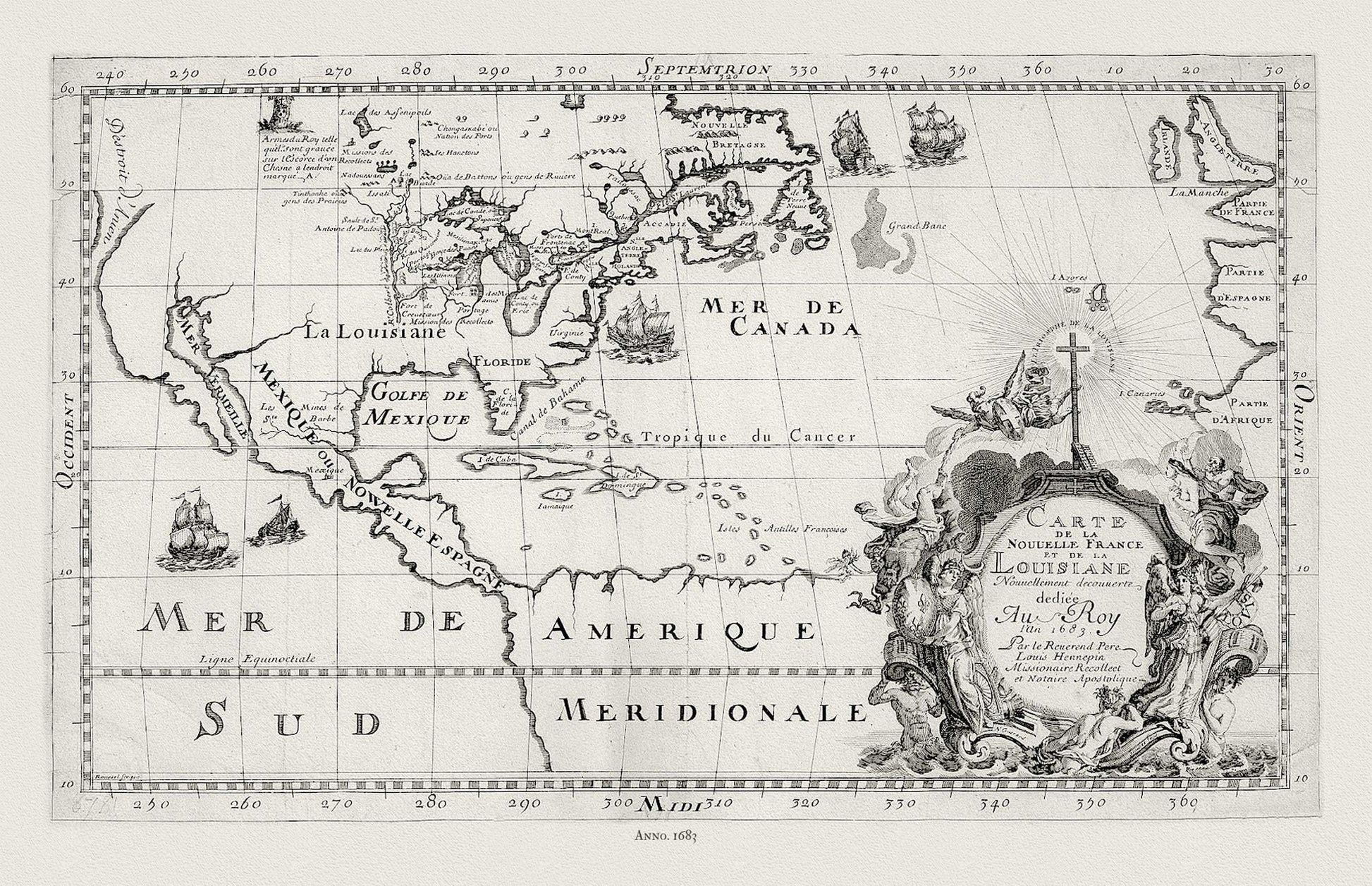 New France, 1683, Hennepin auth., map on durable cotton canvas, 50 x 70 cm, 20 x 25" approx. - The Map Chest