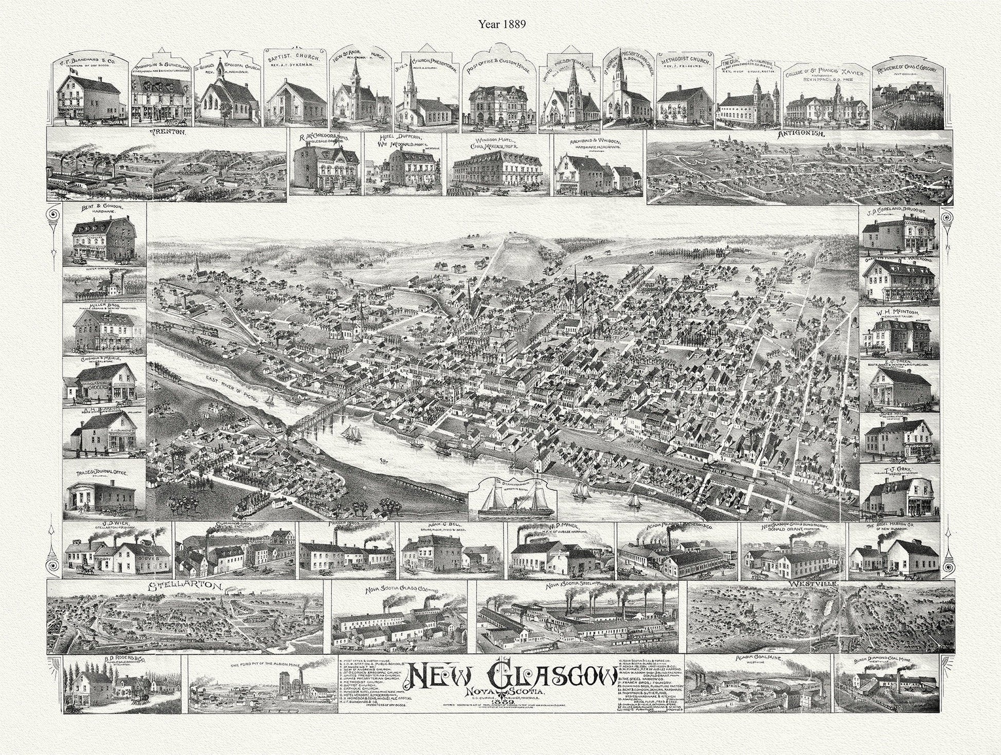New Glasgow, Nova Scotia, 1889 , map on durable cotton canvas, 50 x 70 cm, 20 x 25" approx. - The Map Chest