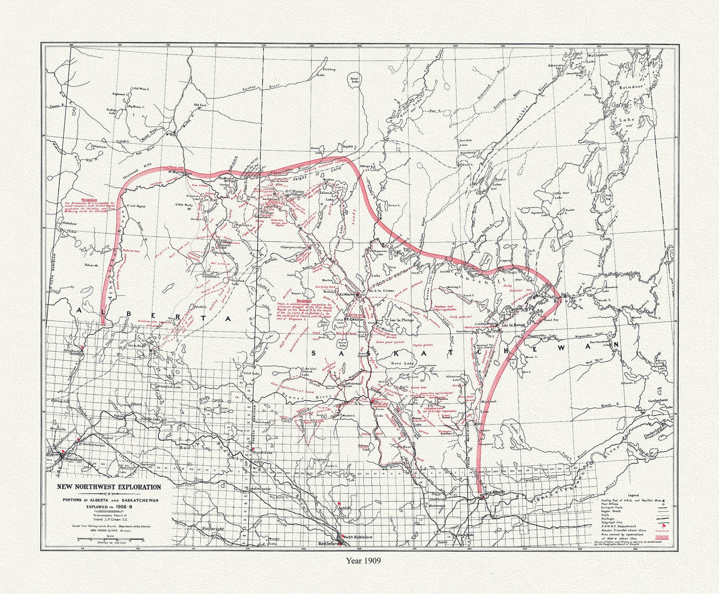 New Northwest Exploration, in Portions of Alberta and Saskatchewan, 1909 , map on durable cotton canvas, 50 x 70 cm, 20 x 25" approx. - The Map Chest