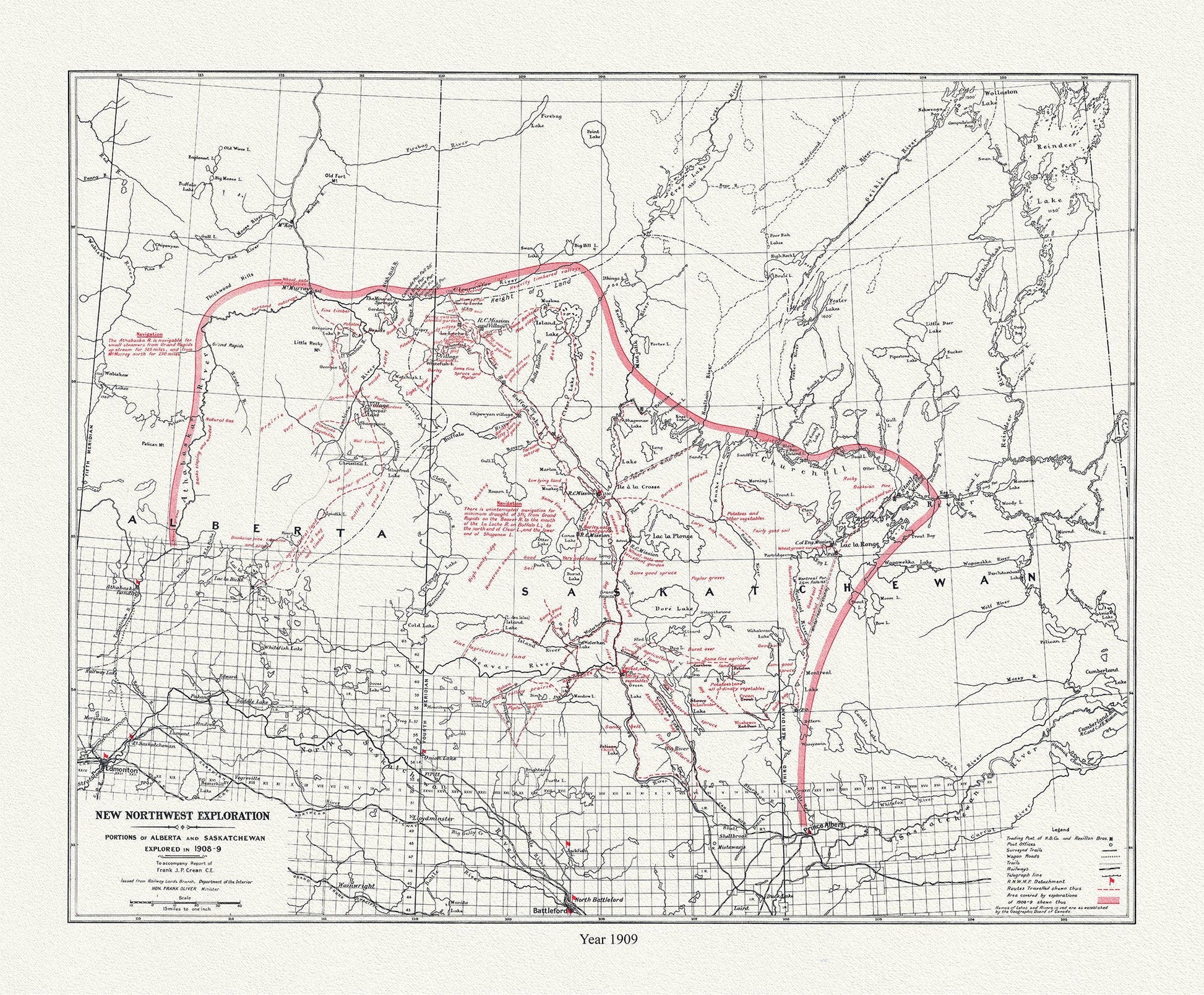 New Northwest Exploration, in Portions of Alberta and Saskatchewan, 1909 , map on durable cotton canvas, 50 x 70 cm, 20 x 25" approx. - The Map Chest