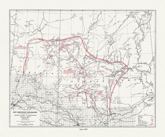 New Northwest Exploration, in Portions of Alberta and Saskatchewan, 1909 , map on durable cotton canvas, 50 x 70 cm, 20 x 25" approx. - The Map Chest