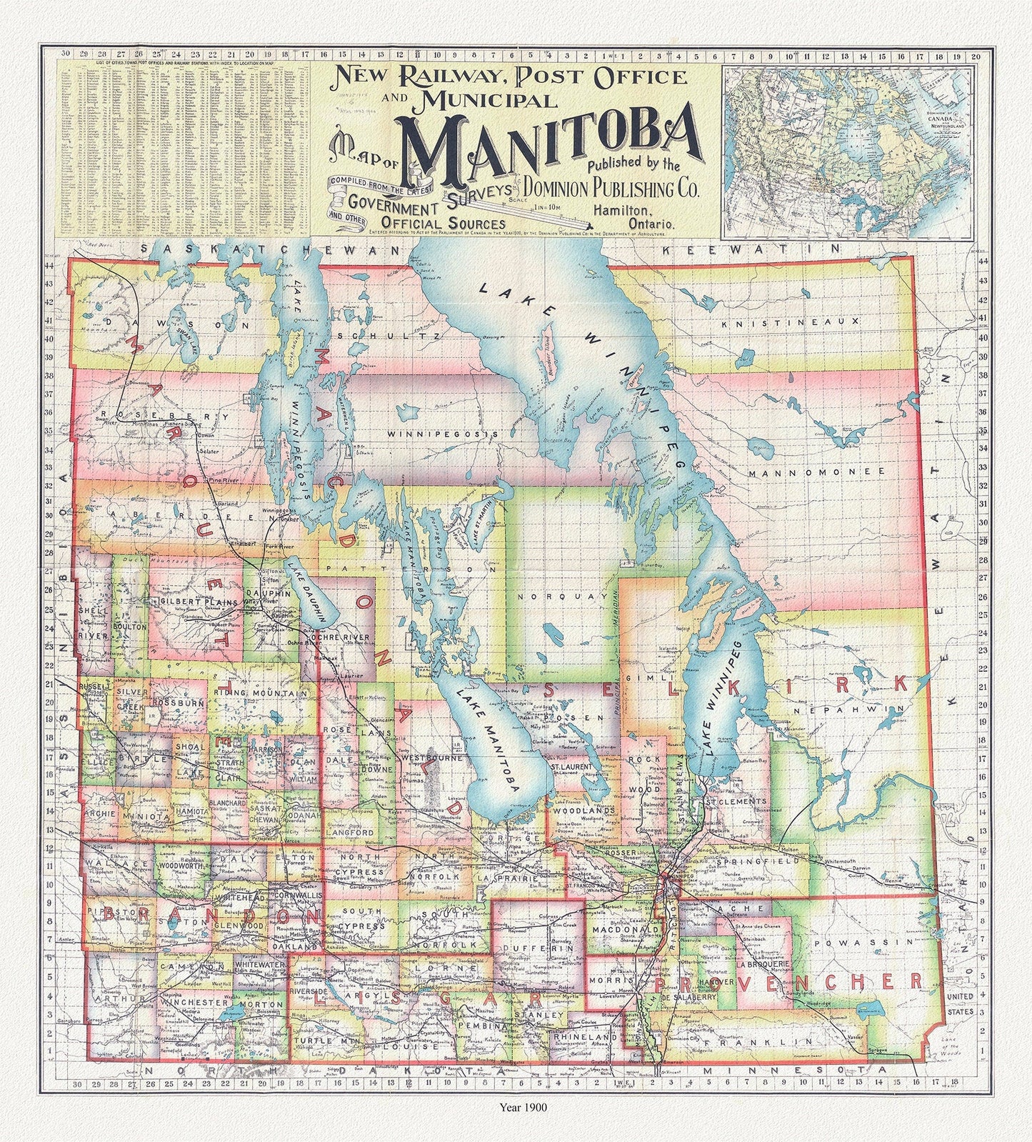 New railway, post office and municipal map of Manitoba compiled from the latest government surveys and other official sources.1900 - The Map Chest