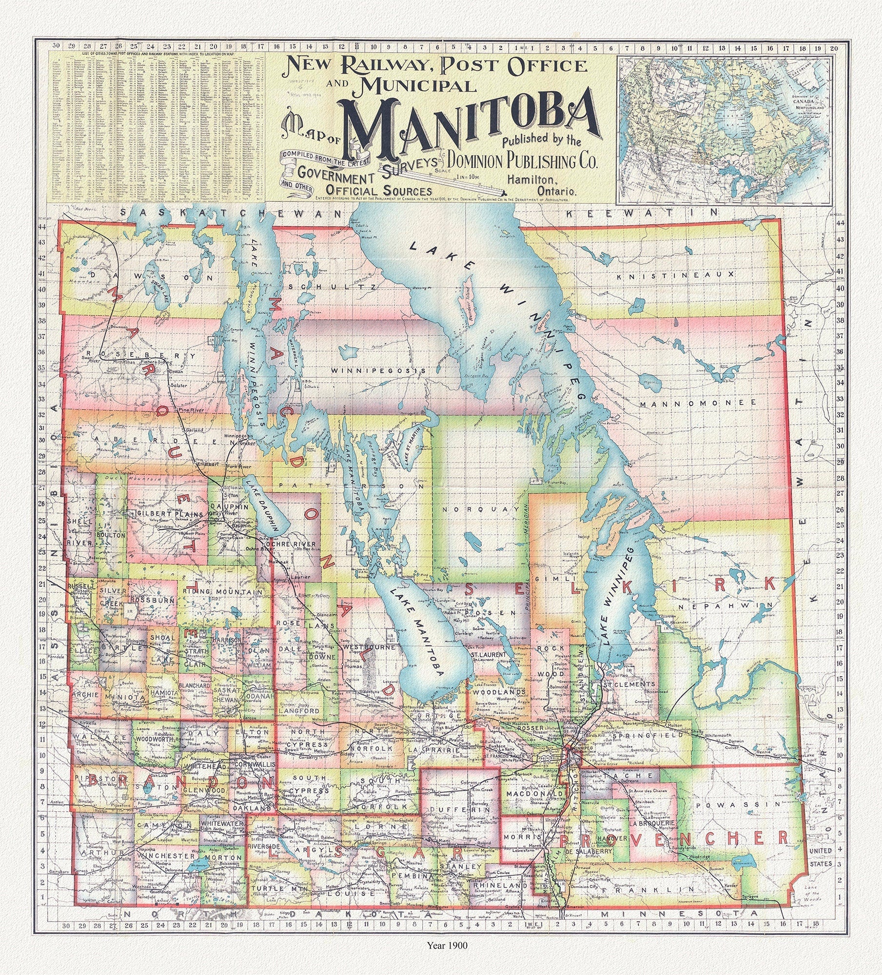 New railway, post office and municipal map of Manitoba compiled from the latest government surveys and other official sources.1900 - The Map Chest
