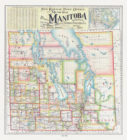 New railway, post office and municipal map of Manitoba compiled from the latest government surveys and other official sources.1900 - The Map Chest