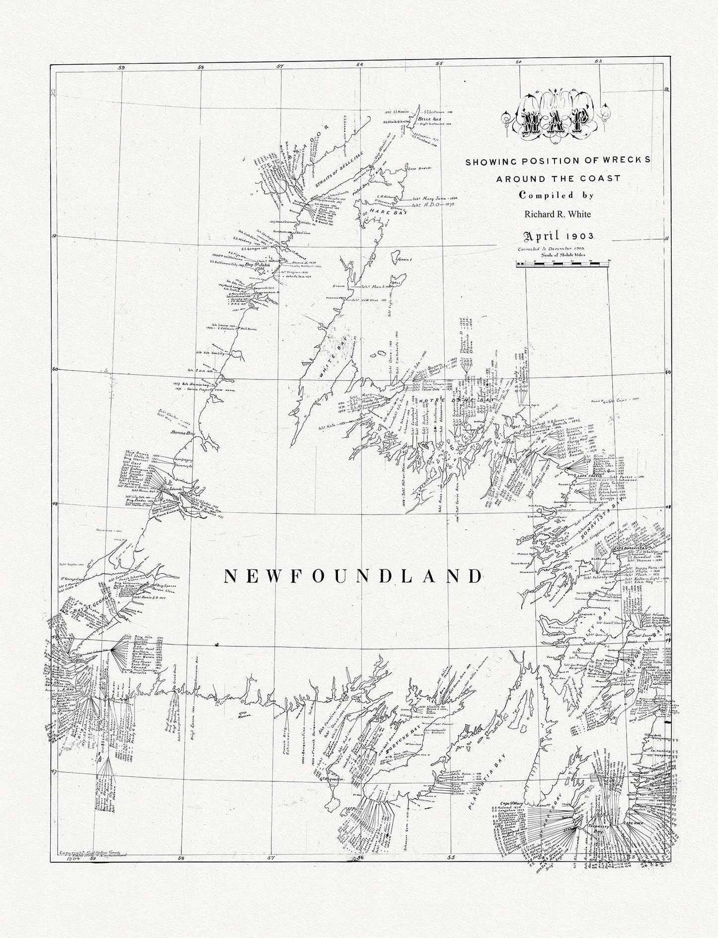 Newfoundland, A handrawn Map showing position of shipwrecks around the coast, R.White auth., 1904, on canvas, 45 x 65 cm, 18 x 24" approx. - The Map Chest