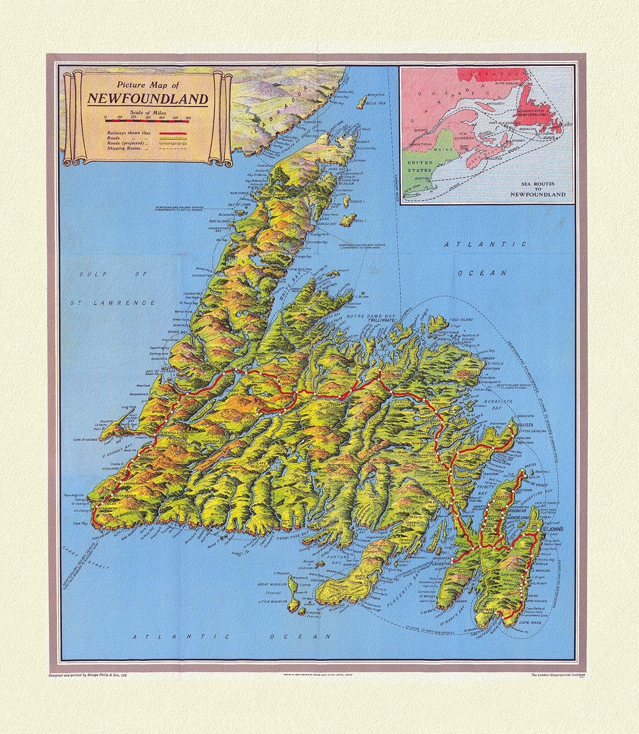 Newfoundland and Labrador Tourist Development Office, 1960 , map on heavy cotton canvas, 50 x 70 cm, 20 x 25" approx. - The Map Chest