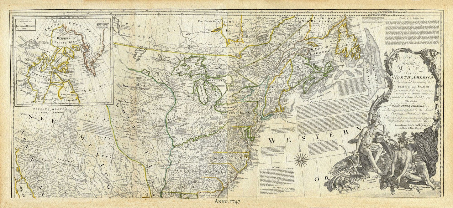 North America, 1747, Bowen auth. , map on heavy cotton canvas, 50 x 70cm, 20 x 27" approx. - The Map Chest