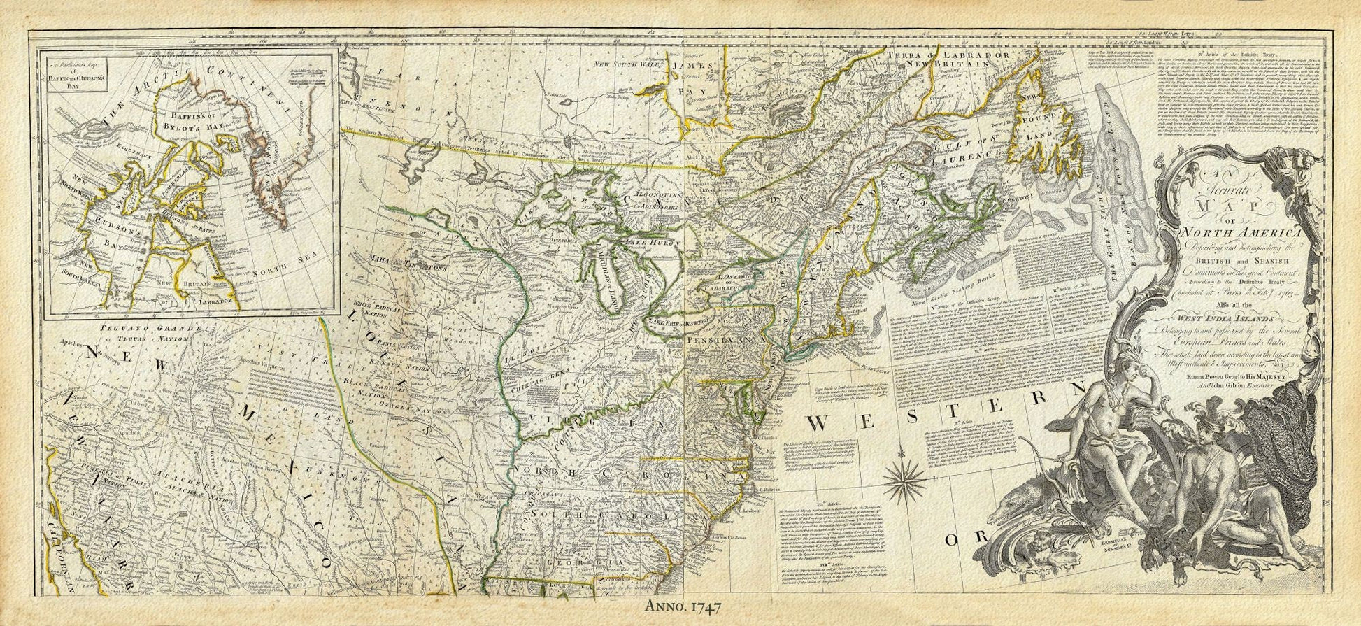 North America, 1747, Bowen auth. , map on heavy cotton canvas, 50 x 70cm, 20 x 27" approx. - The Map Chest