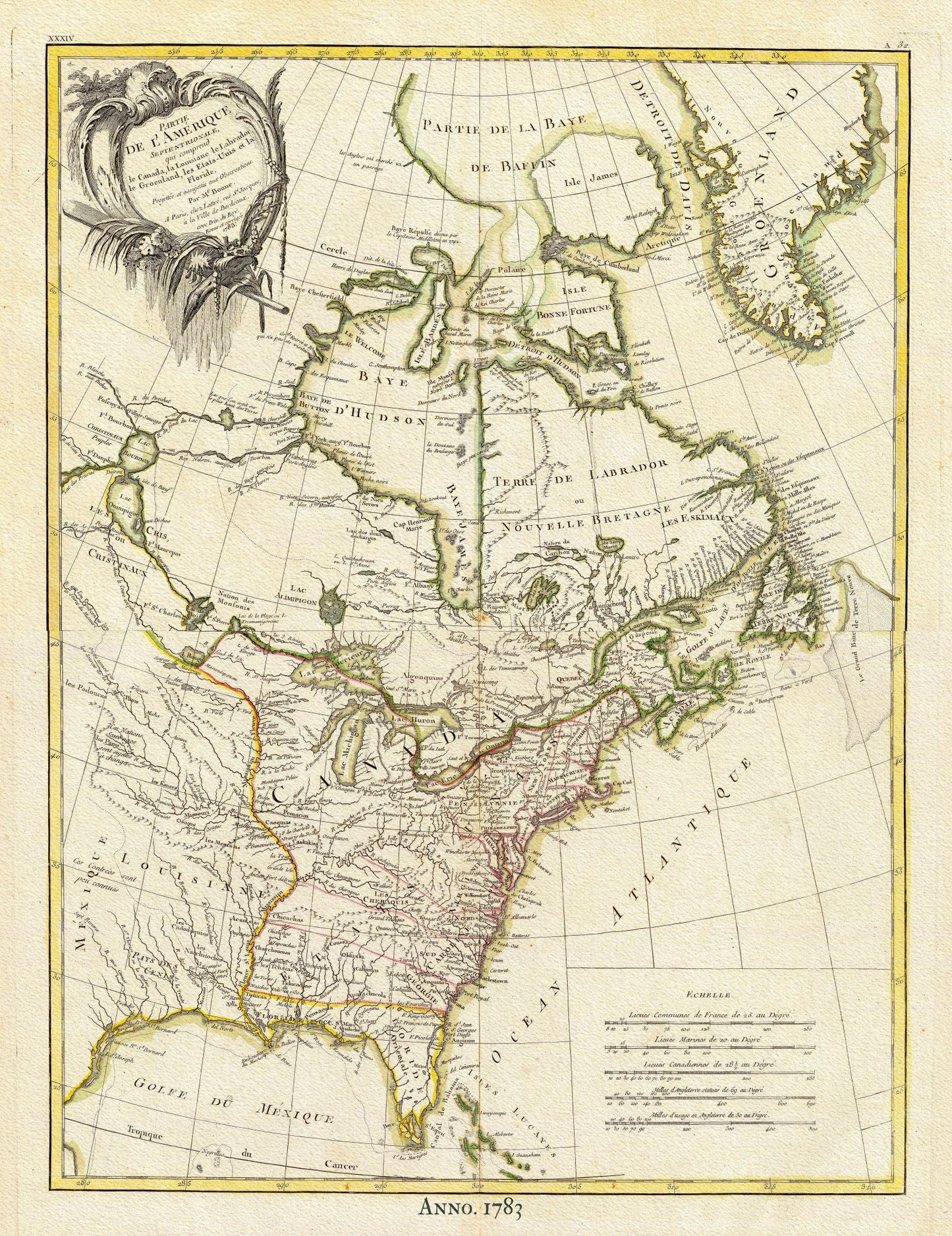 North America, 1783 Bonne auth., map on durable cotton canvas, 50 x 70 cm, 20 x 25" approx. - The Map Chest