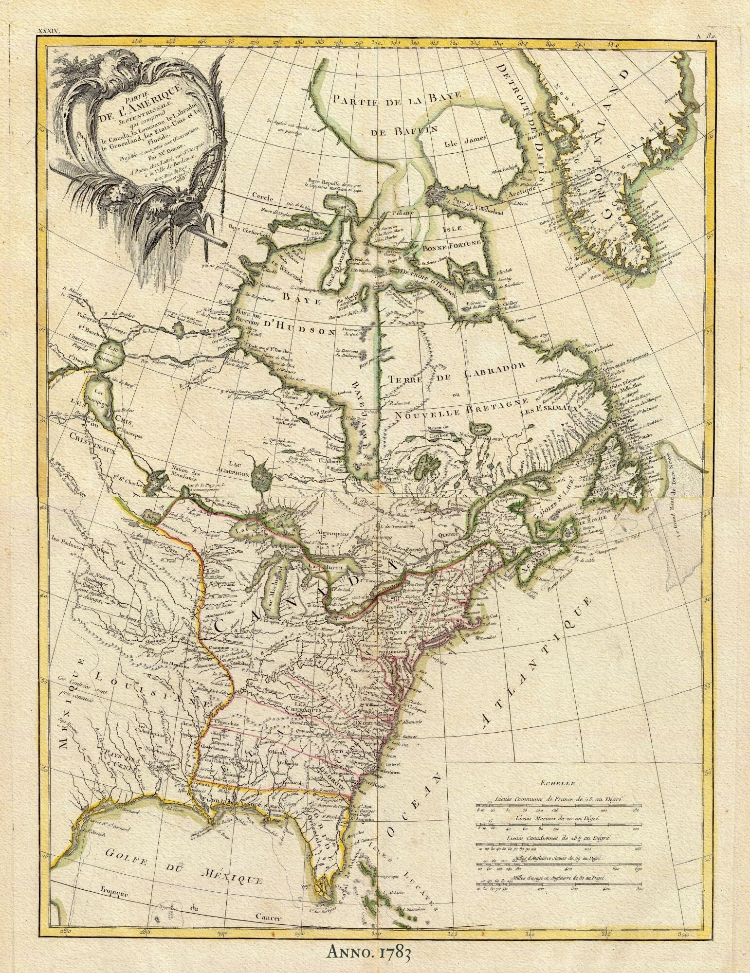 North America II, 1783, Bonne auth., map on heavy cotton canvas, 50 x 70cm, 20 x 27" approx. - The Map Chest