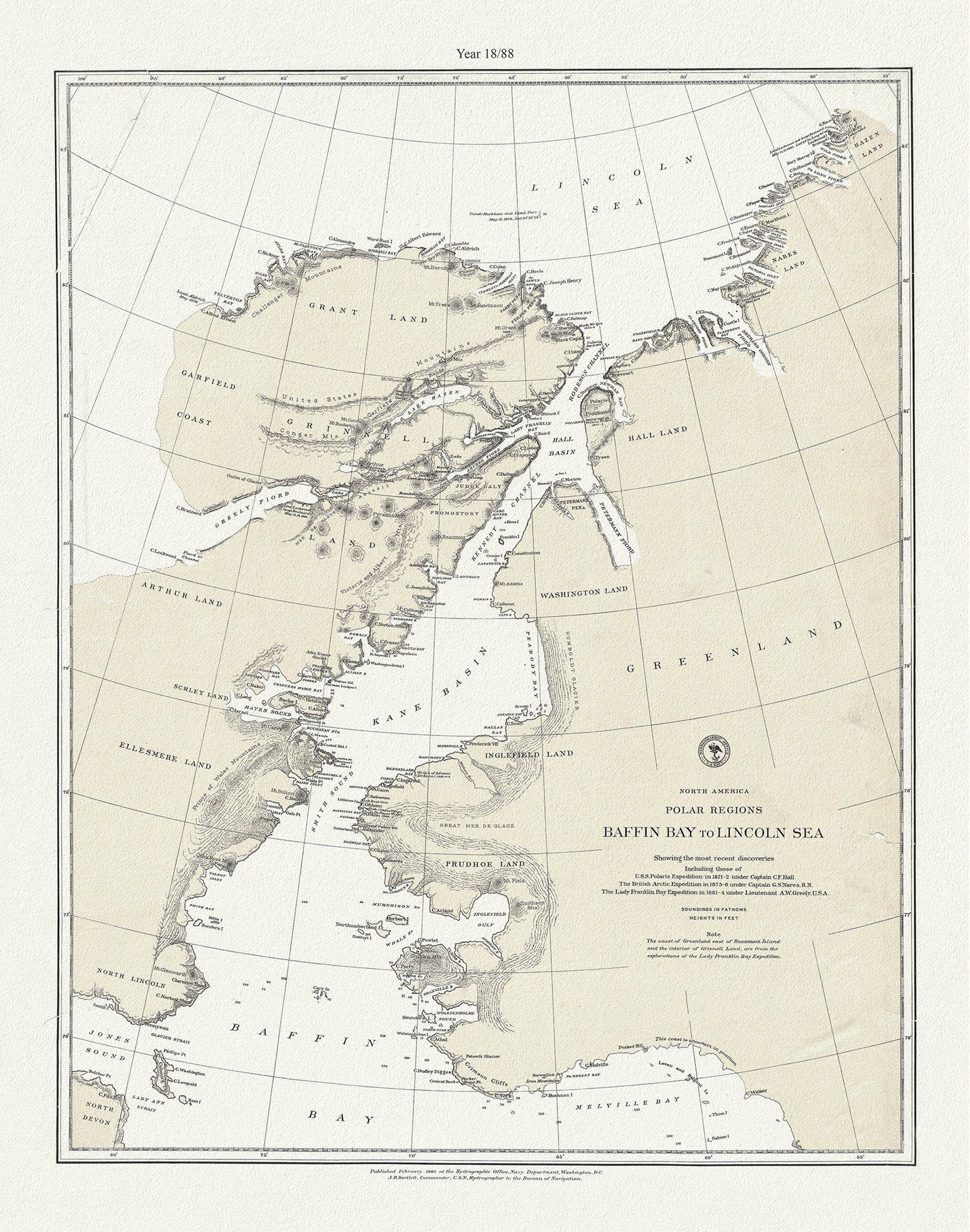 North America polar regions Baffin Bay to E Lincoln Sea, showing the most recent discoveries, 20x25" - The Map Chest