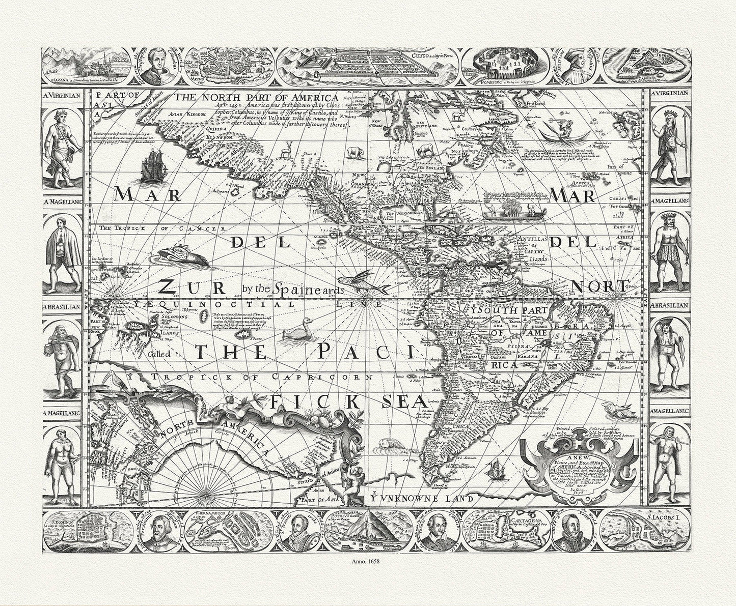 North and South America ,1658, Walton auth. map on durable cotton canvas, 50 x 70 cm, 20 x 25" approx. - The Map Chest