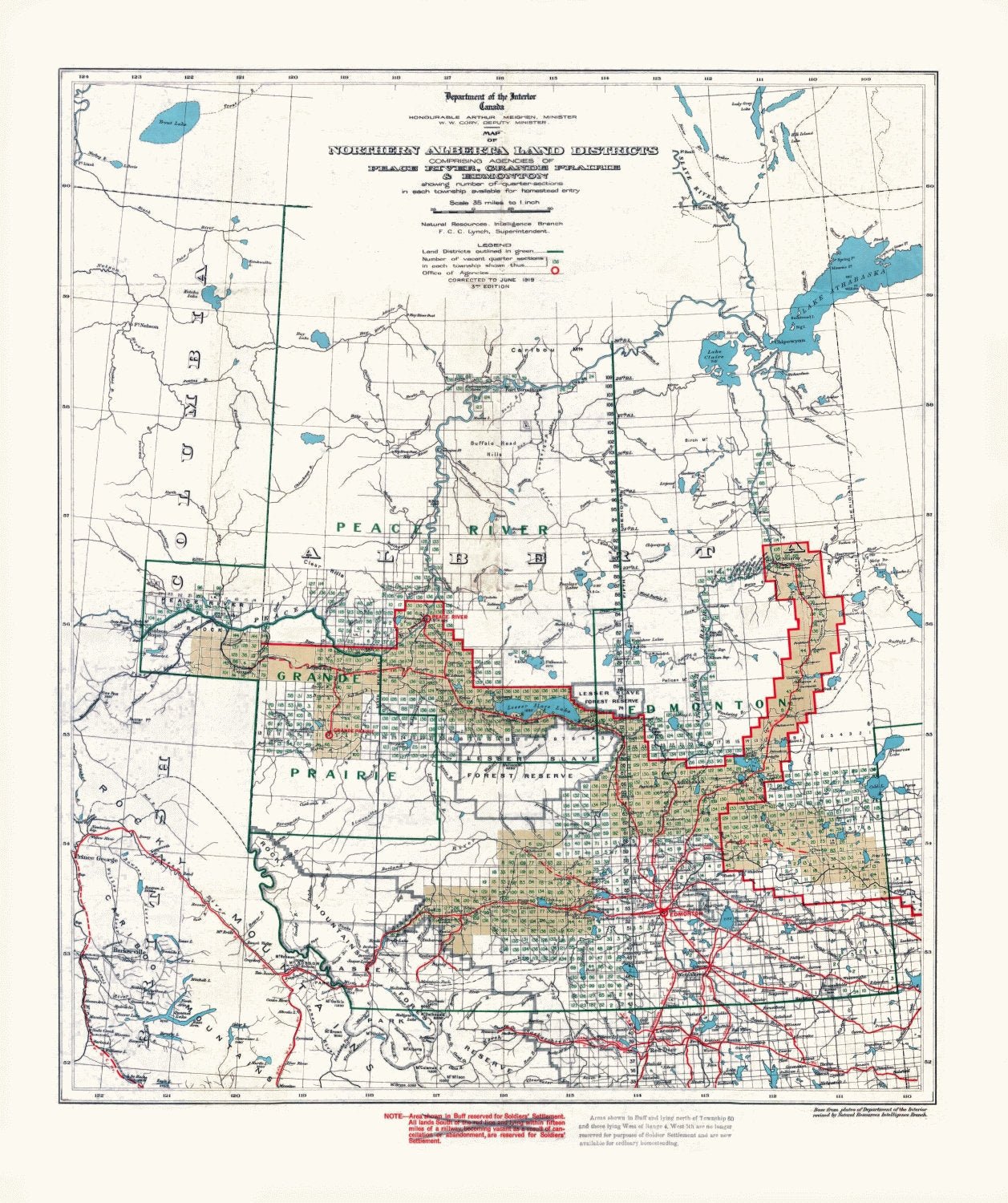 Northern Alberta land districts comprising agencies of Peace River, Grande Prairie, Edmonton showing homestead entry, 1919, canvas, 22x27" - The Map Chest