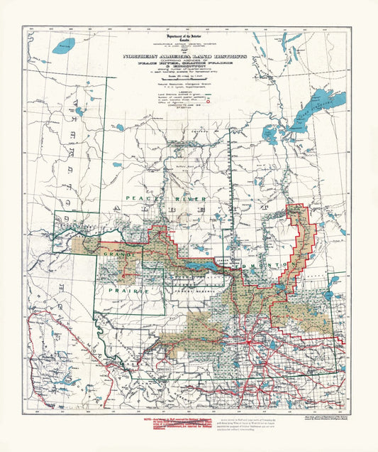 Northern Alberta land districts comprising agencies of Peace River, Grande Prairie, Edmonton showing homestead entry, 1919, canvas, 22x27" - The Map Chest