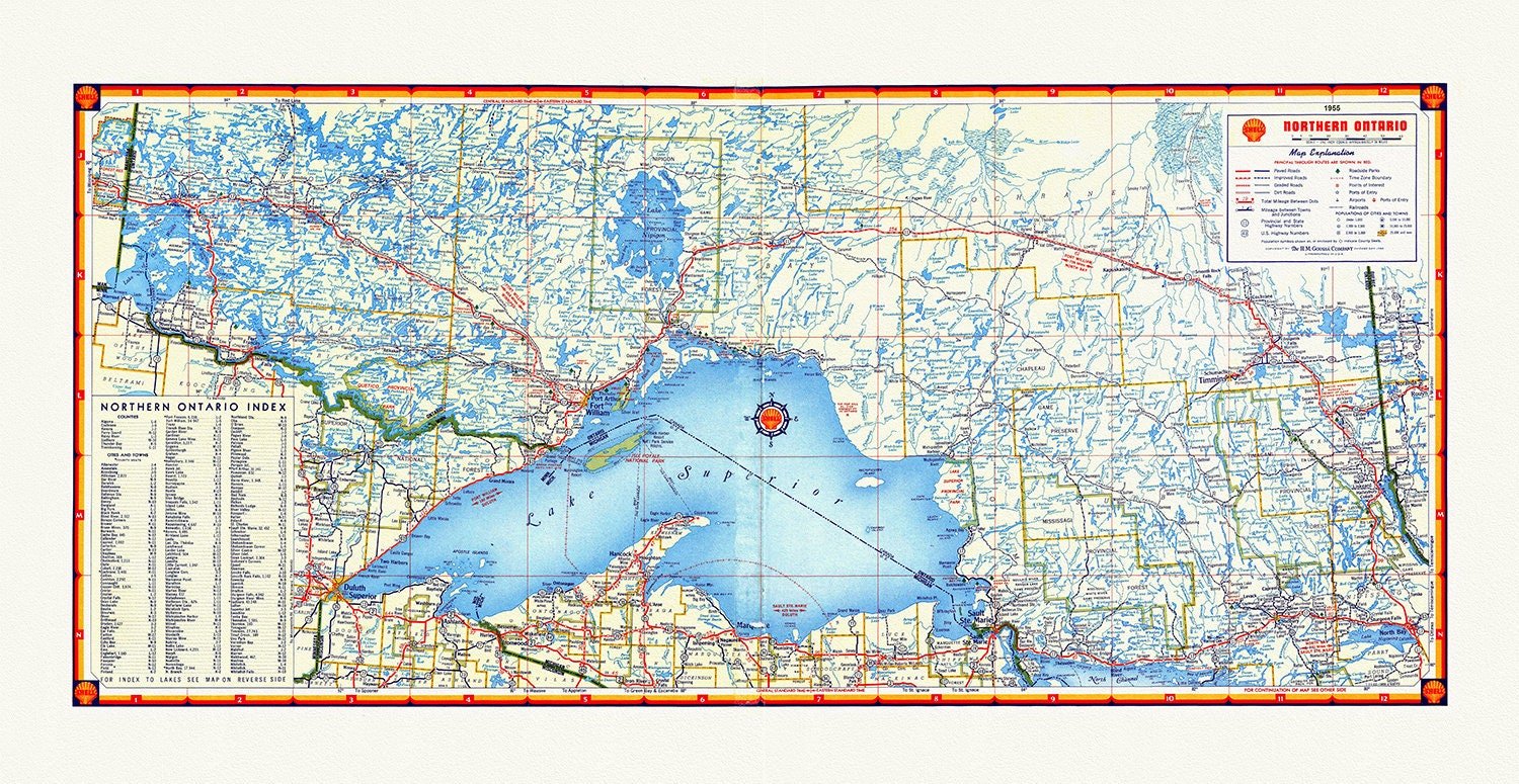 Northern Ontario Road Map, 1955, map on heavy cotton canvas, 50 x 70 cm (20x25") approx. - The Map Chest