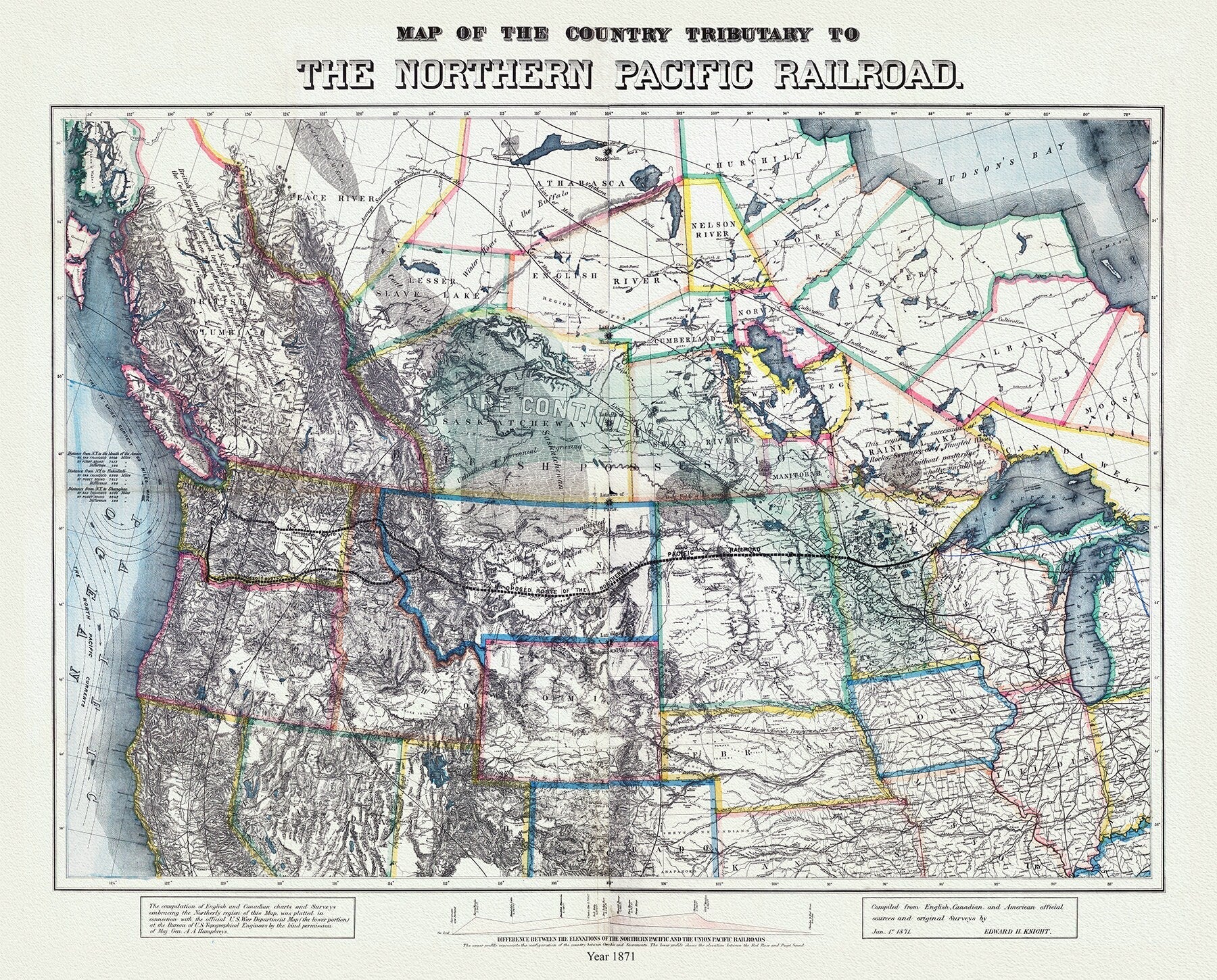 Northern Pacific Railroad, compiled from English, Canadian, and American sources, 1871, map on heavy cotton canvas, 22x27" approx. - The Map Chest