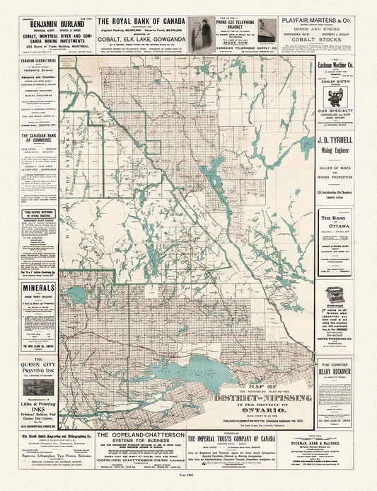 Northern part of the District of Nipissing in the province of Ontario, 1902, map on heavy cotton canvas, 50 x 70cm, 20 x 25" approx. - The Map Chest