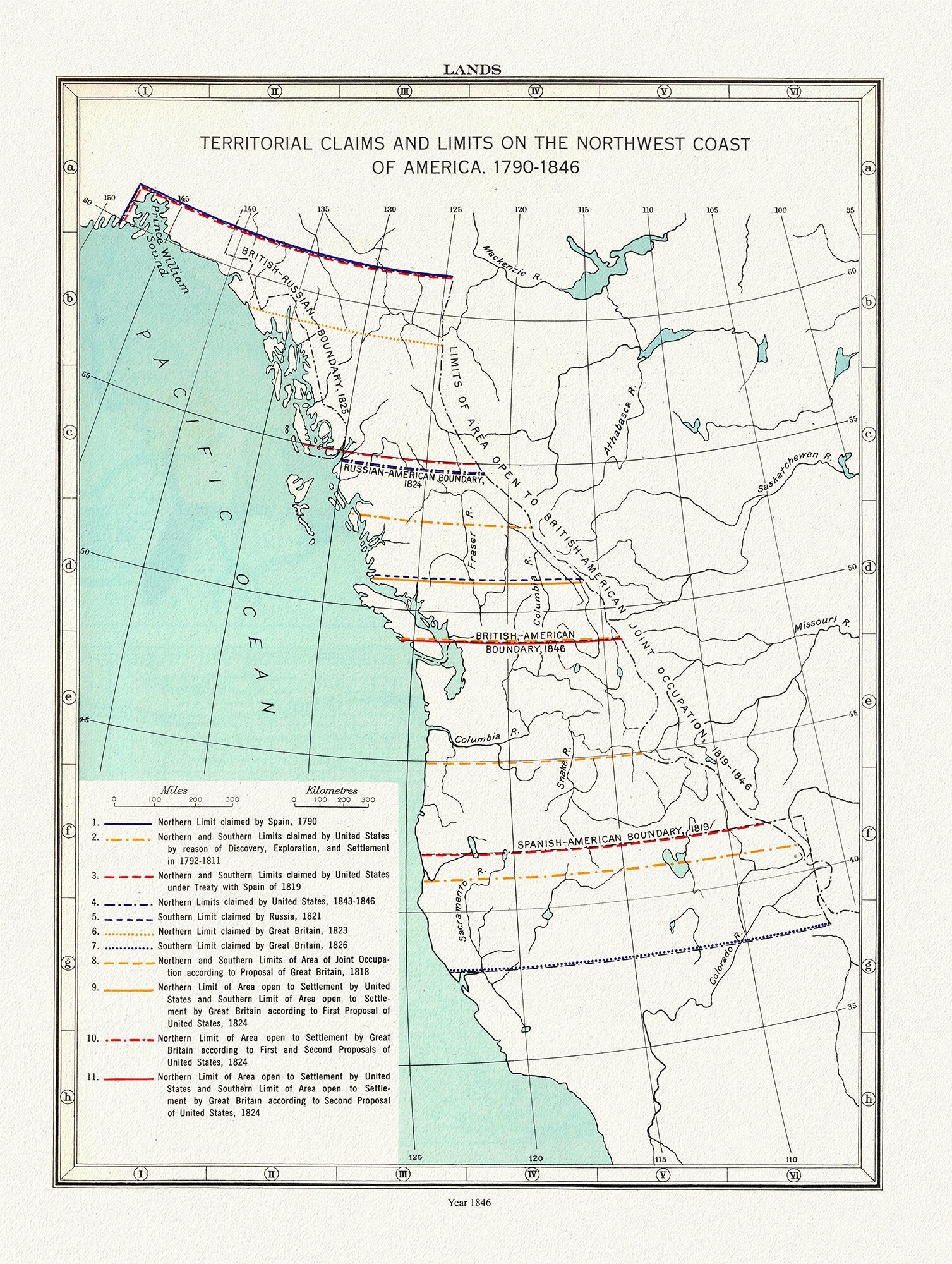 Northwest Coast Lands, Territorial Claims, Paulin et Wright auths., 1790 - 1846, map on heavy cotton canvas, 50 x 70cm, 20 x 25" approx. - The Map Chest