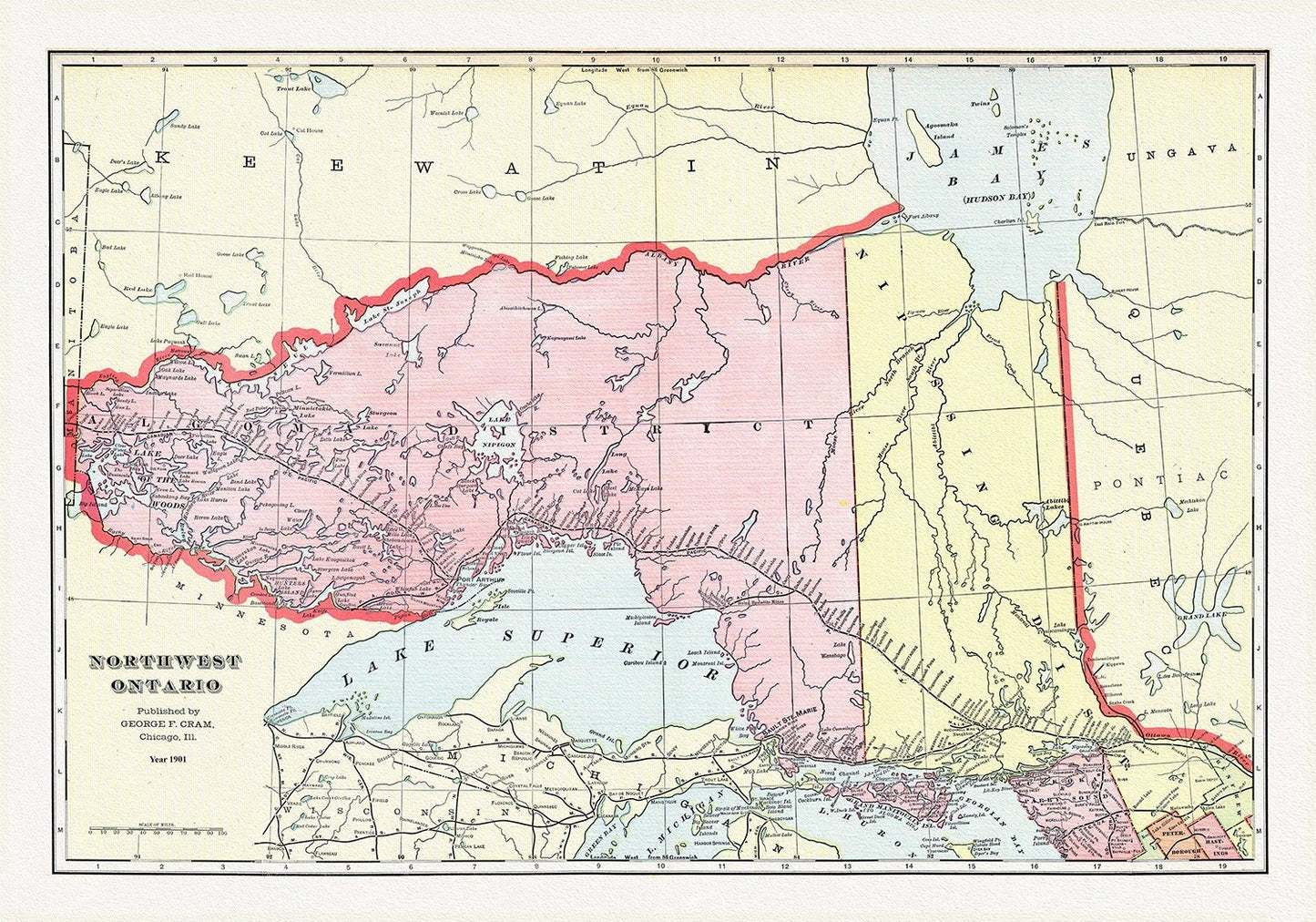 Northwest Ontario, Cram et Murray auths.,1901, map on heavy cotton canvas, 50 x 70cm, 20 x 25" approx. - The Map Chest