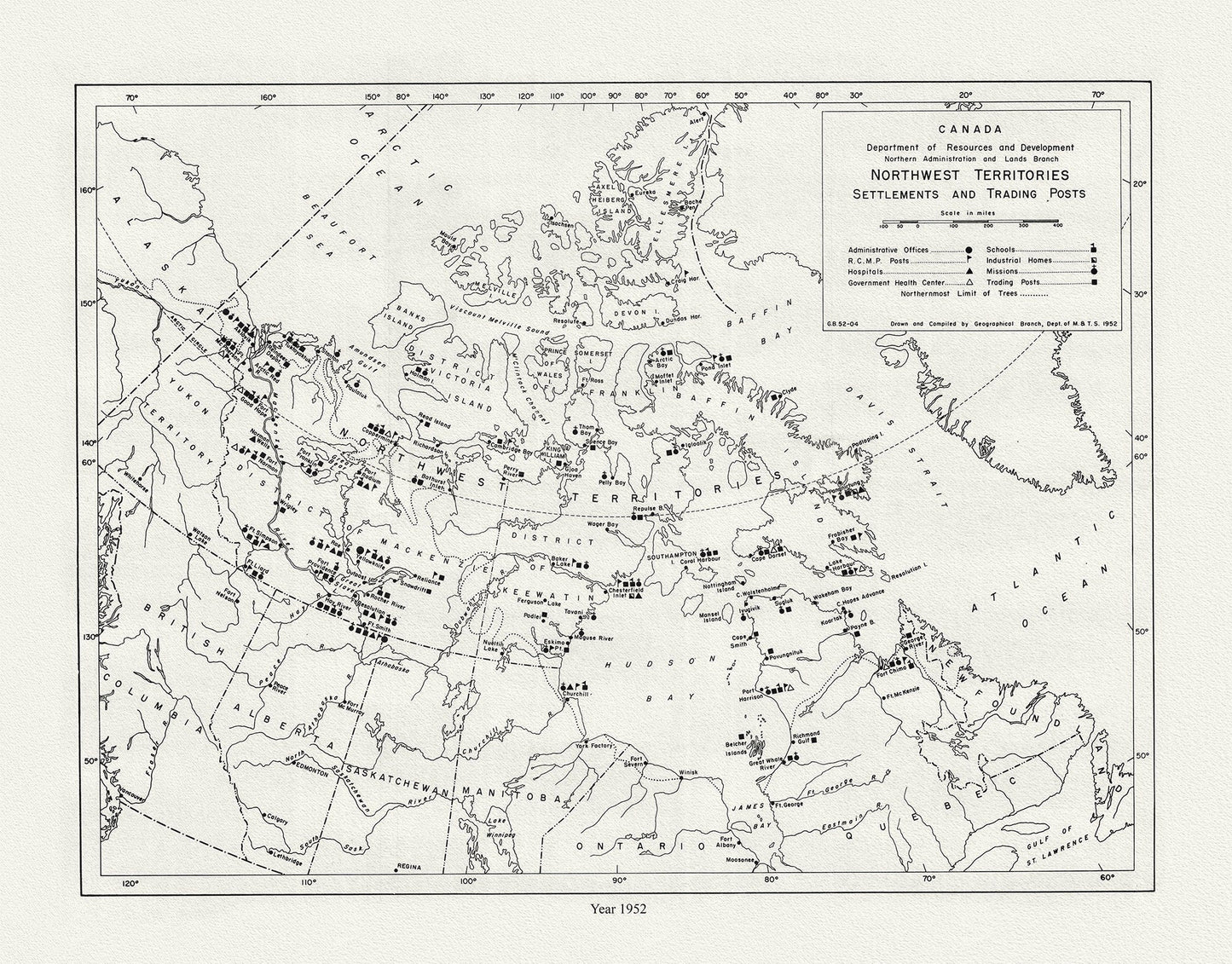 Northwest Territories ,Settlements and Trading Posts, 1952, map on durable cotton canvas, 50 x 70 cm, 20 x 25" approx. - The Map Chest