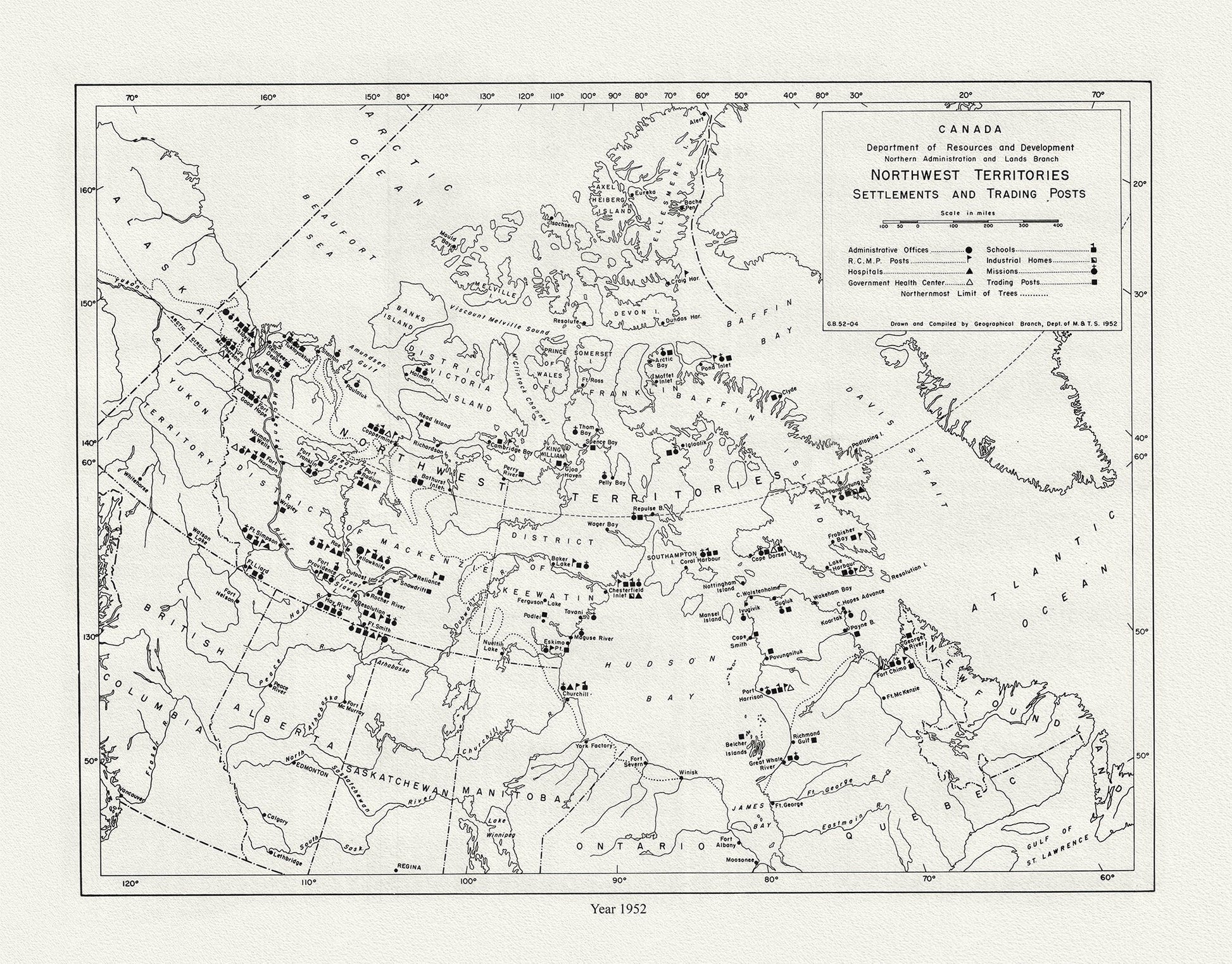 Northwest Territories ,Settlements and Trading Posts, 1952, map on durable cotton canvas, 50 x 70 cm, 20 x 25" approx. - The Map Chest