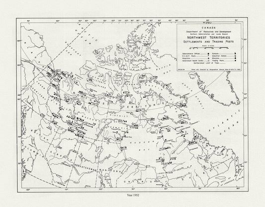 Northwest Territories ,Settlements and Trading Posts, 1952, map on durable cotton canvas, 50 x 70 cm, 20 x 25" approx. - The Map Chest