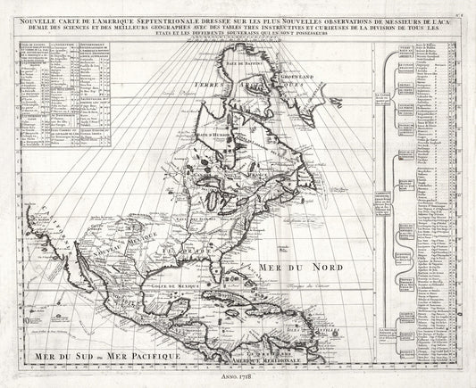 Nouvelle carte de l'Amerique Septentrionale, (North America), 1718, on heavy cotton canvas, 22x27" approx. - The Map Chest