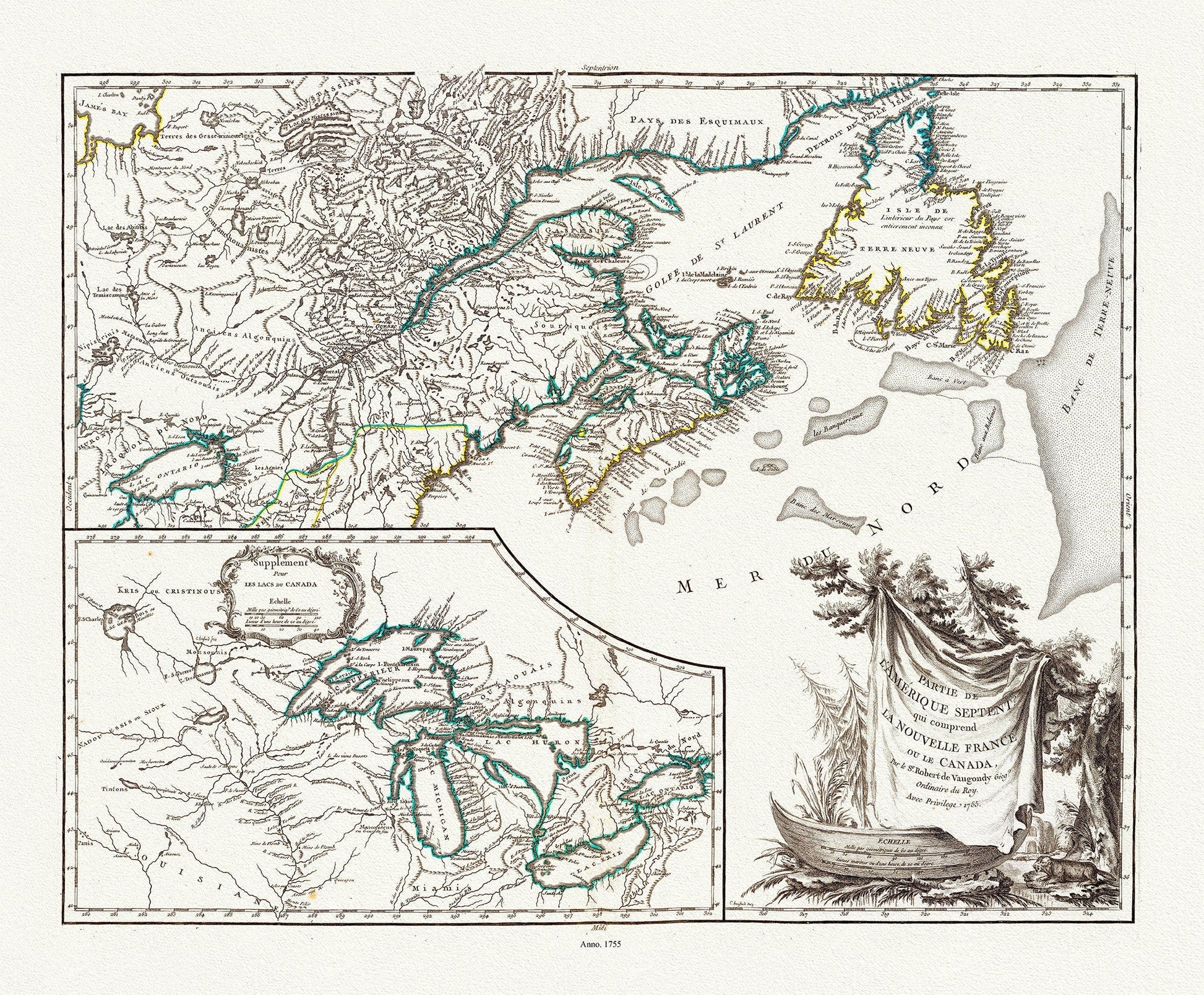 Nouvelle France ou le Canada, 1755, map on heavy cotton canvas, 22x27", 22x27" approx. - The Map Chest