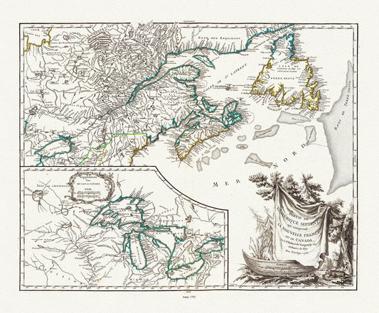 Nouvelle France ou le Canada, 1755, map on heavy cotton canvas, 22x27", 22x27" approx. - The Map Chest