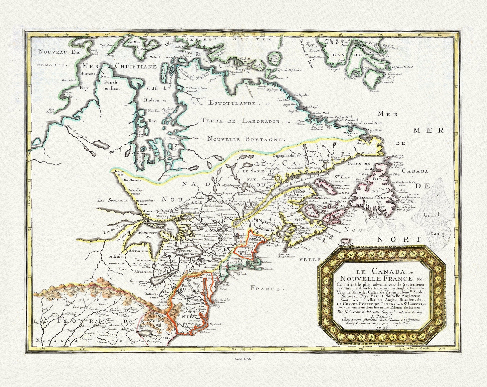 Nouvelle France, qui de diverses Relations des Anglois, Danois. Vers le Midy les Costes de Virginie, Nouvlle Suede, Nouveau Pays Bas, 1656, - The Map Chest