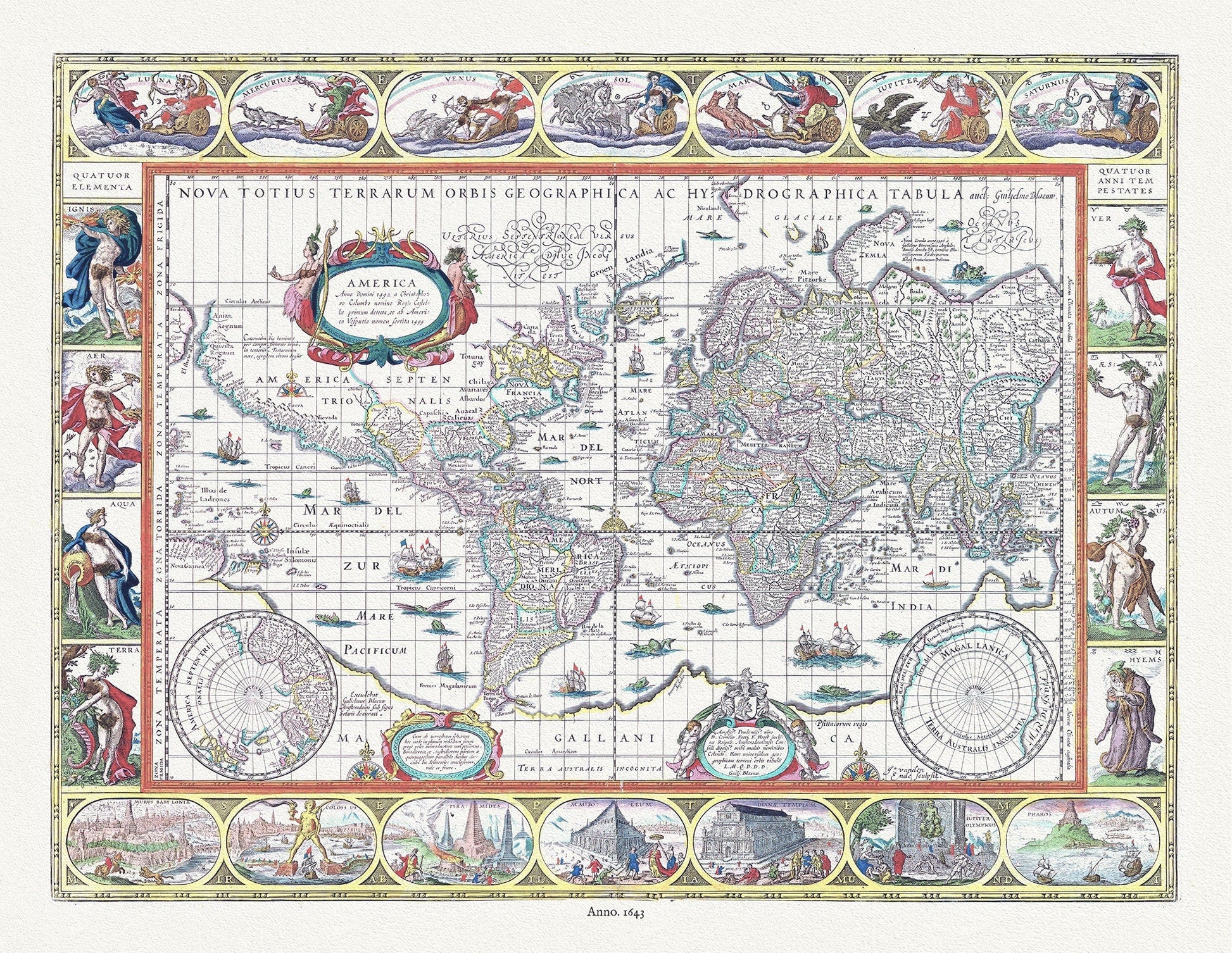 Nova totius terrarum orbis geographica ac hydrographica tabula, 1643, Blaeu authore,bright or dull versions, map, 20x25" approx. - The Map Chest