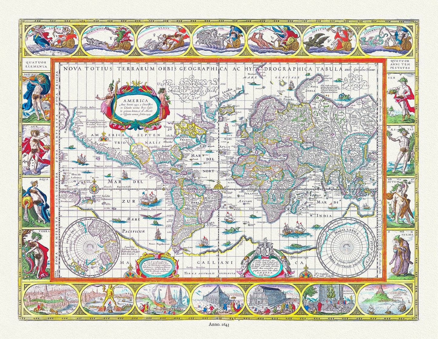 Nova totius terrarum orbis geographica ac hydrographica tabula, 1643, Blaeu authore,bright or dull versions, map, 20x25" approx. - The Map Chest
