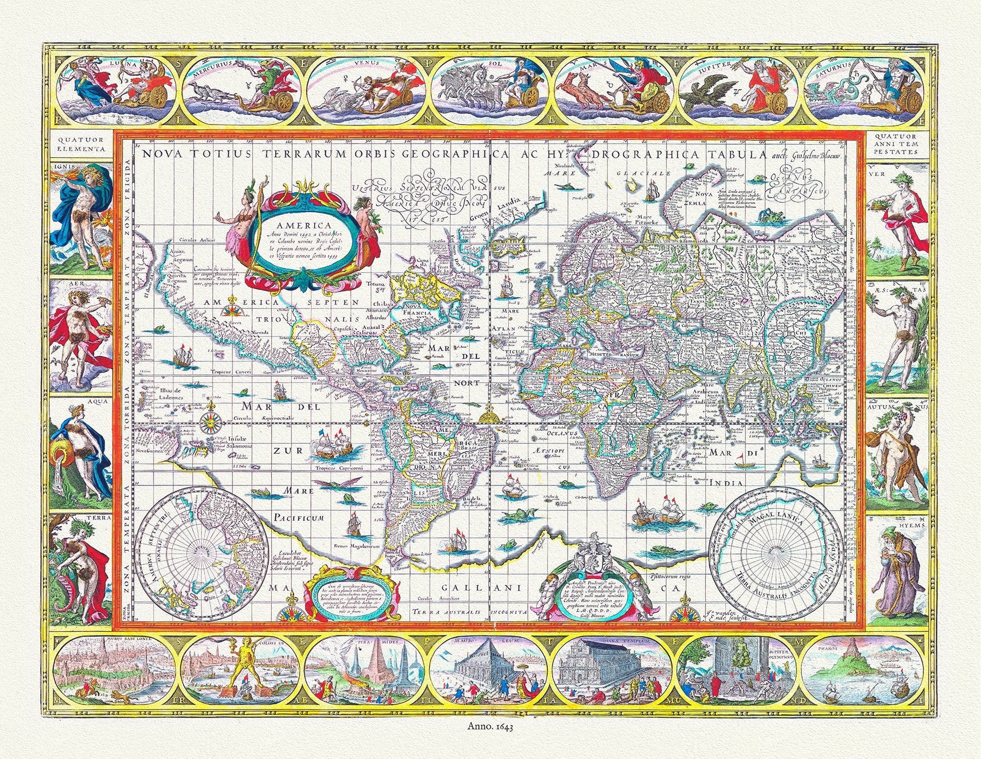 Nova totius terrarum orbis geographica ac hydrographica tabula, 1643, Blaeu authore,bright or dull versions, map, 20x25" approx. - The Map Chest