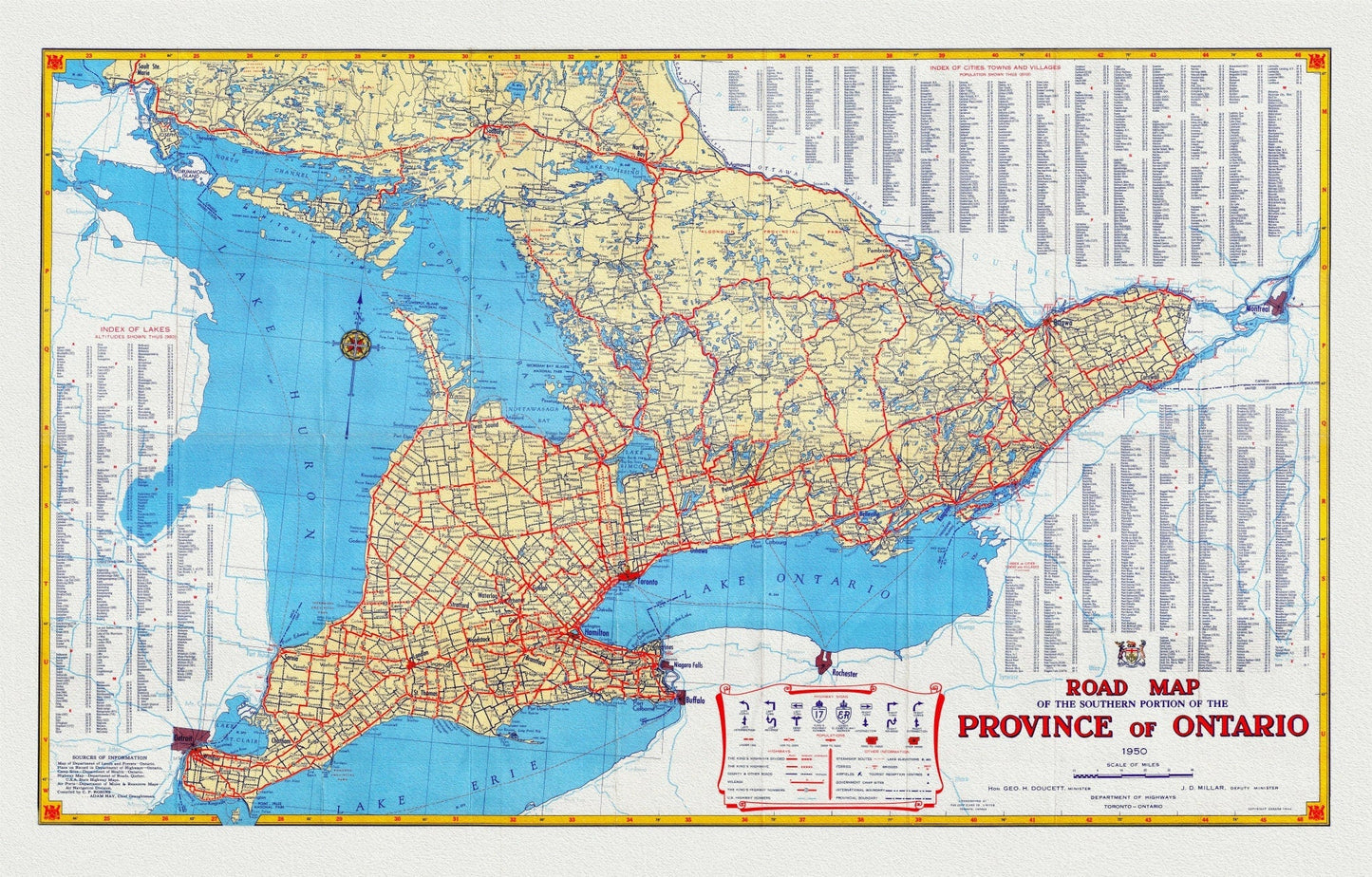 Official Road Map of Ontario, 1950, map on heavy cotton canvas, 22x27" approx. - The Map Chest