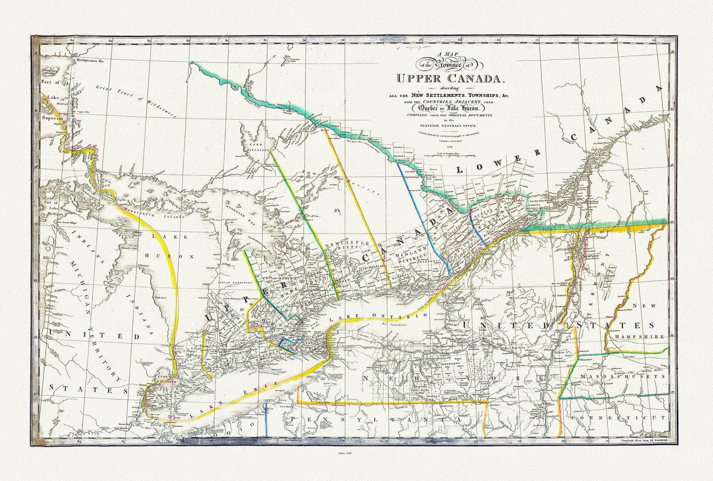 Ontario: Upper Canada describing new settlements, townships, countries from Quebec to Lake Huron, Wyld auth., 1838 ,canvas, 20 x 25" approx. - The Map Chest