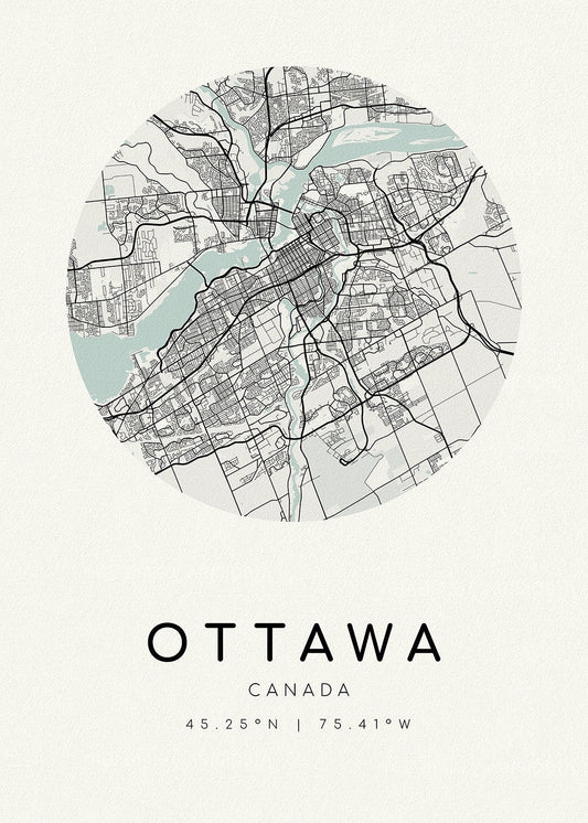 Ottawa, A Modern Map, Ver. II, on heavy cotton canvas, 45 x 65 cm, 18 x 24" approx - The Map Chest