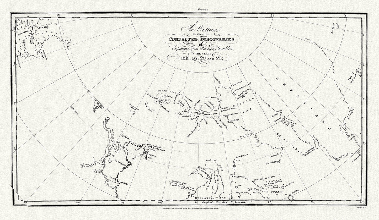 Outline to shew the Connected Discoveries of Captains Ross, Parry & Franklin, in the years 1818, 19, 20 and 21.20x35, 20 x 25" approx. - The Map Chest