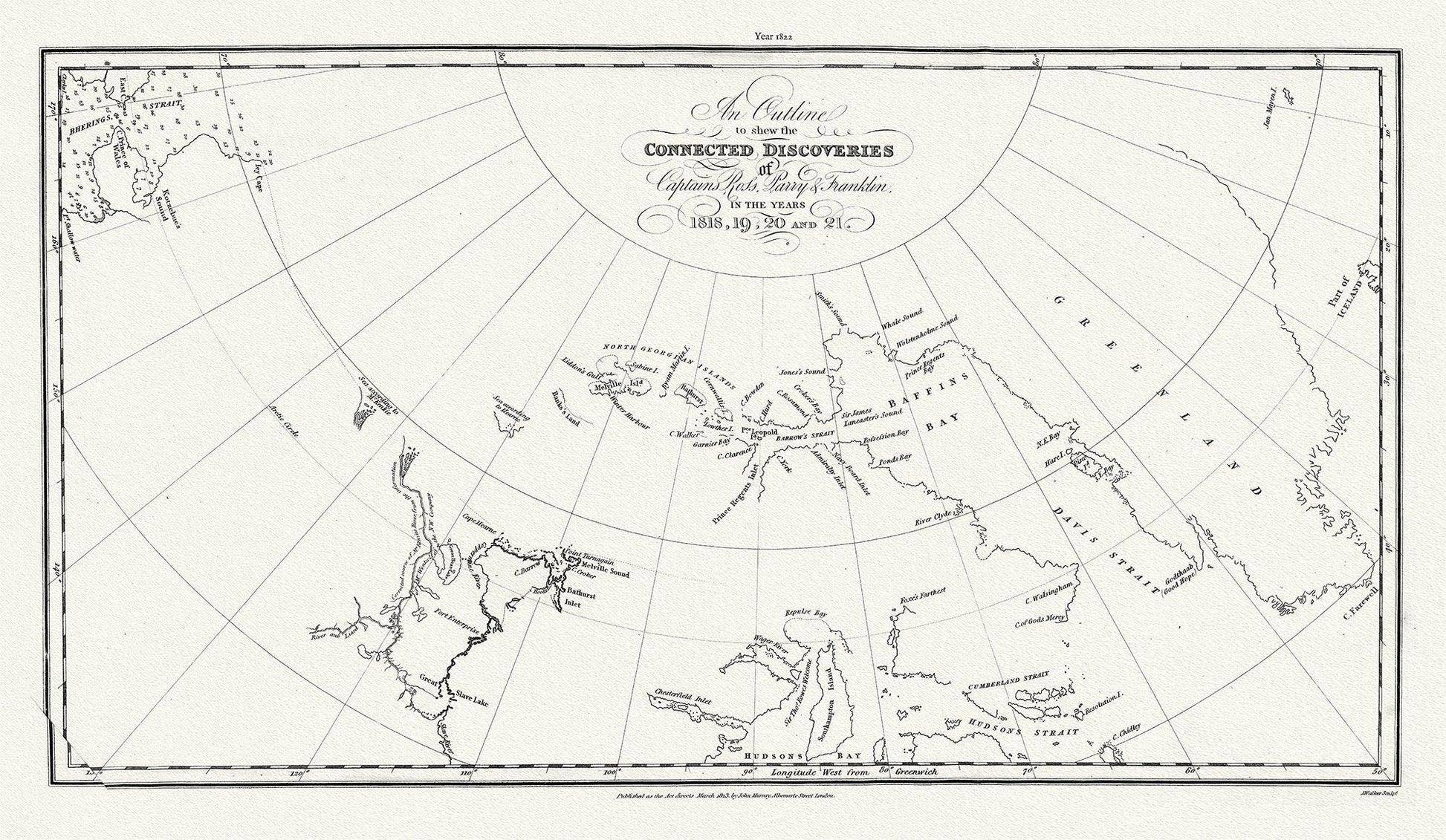 Outline to shew the Connected Discoveries of Captains Ross, Parry & Franklin, in the years 1818, 19, 20 and 21.20x35, 20 x 25" approx. - The Map Chest