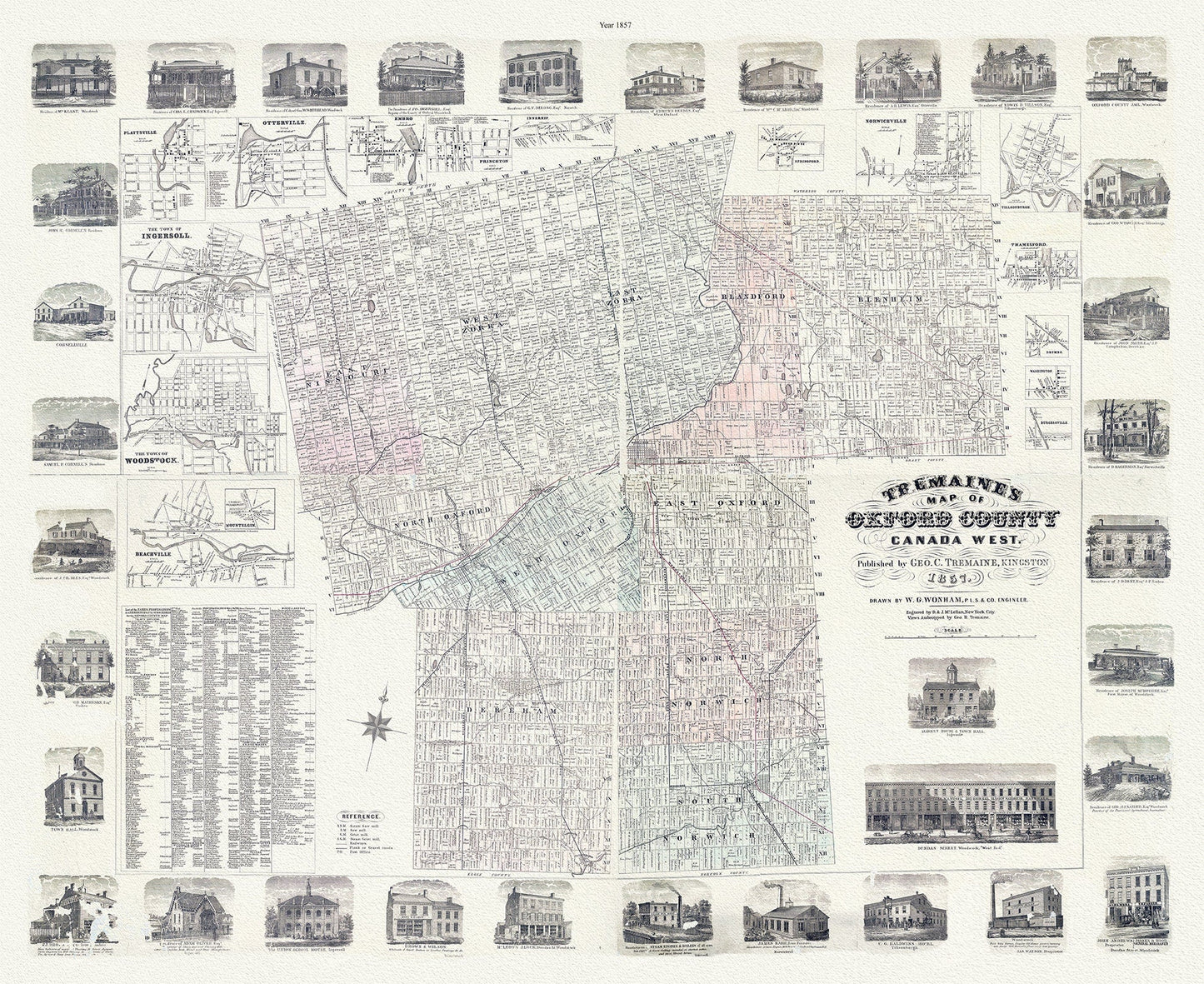Oxford County, Canada West, 1857 , map on durable cotton canvas, 50 x 70 cm, 20 x 25" approx. - The Map Chest